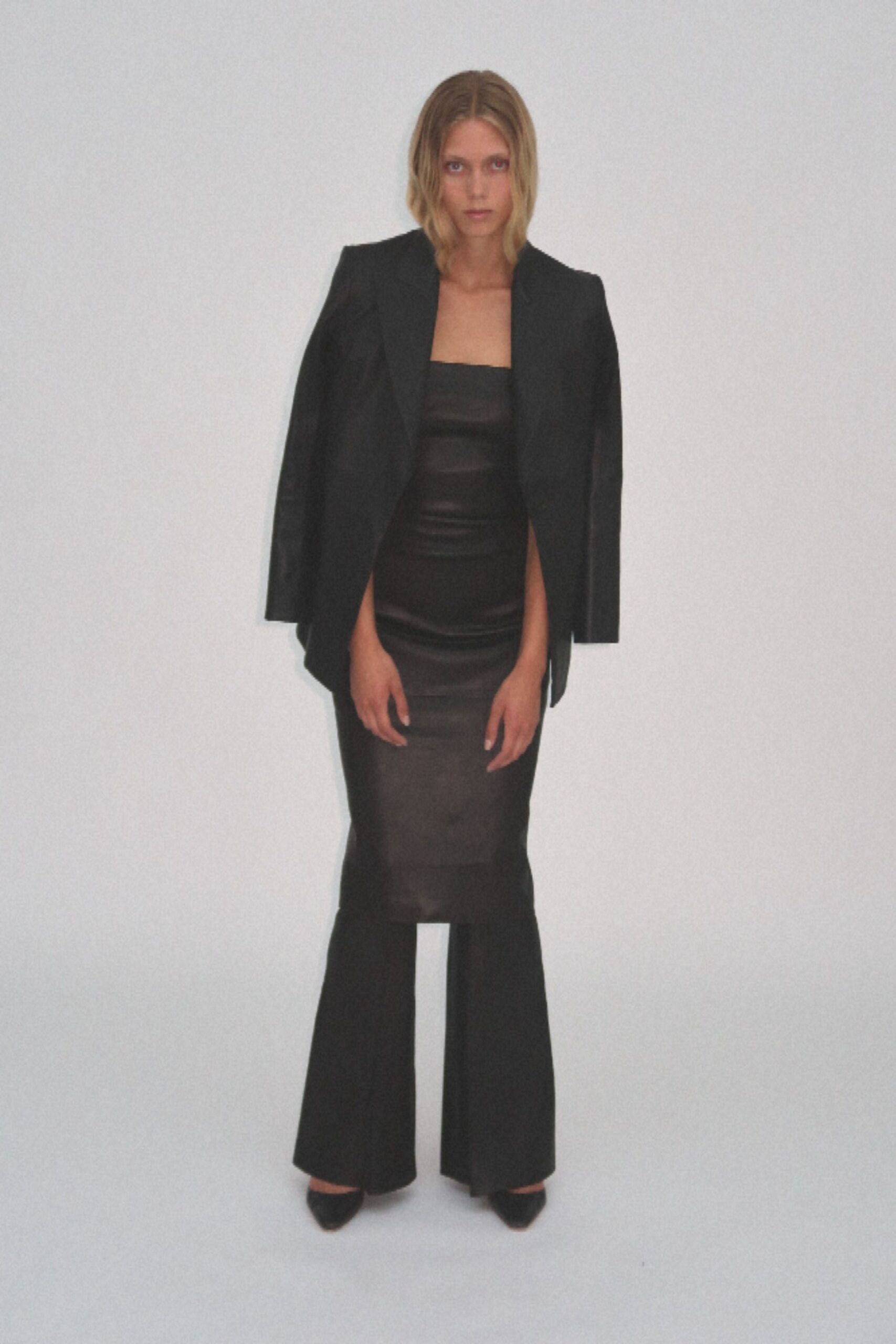 black leather sleeveless square-neck fitted flared maxi dress
