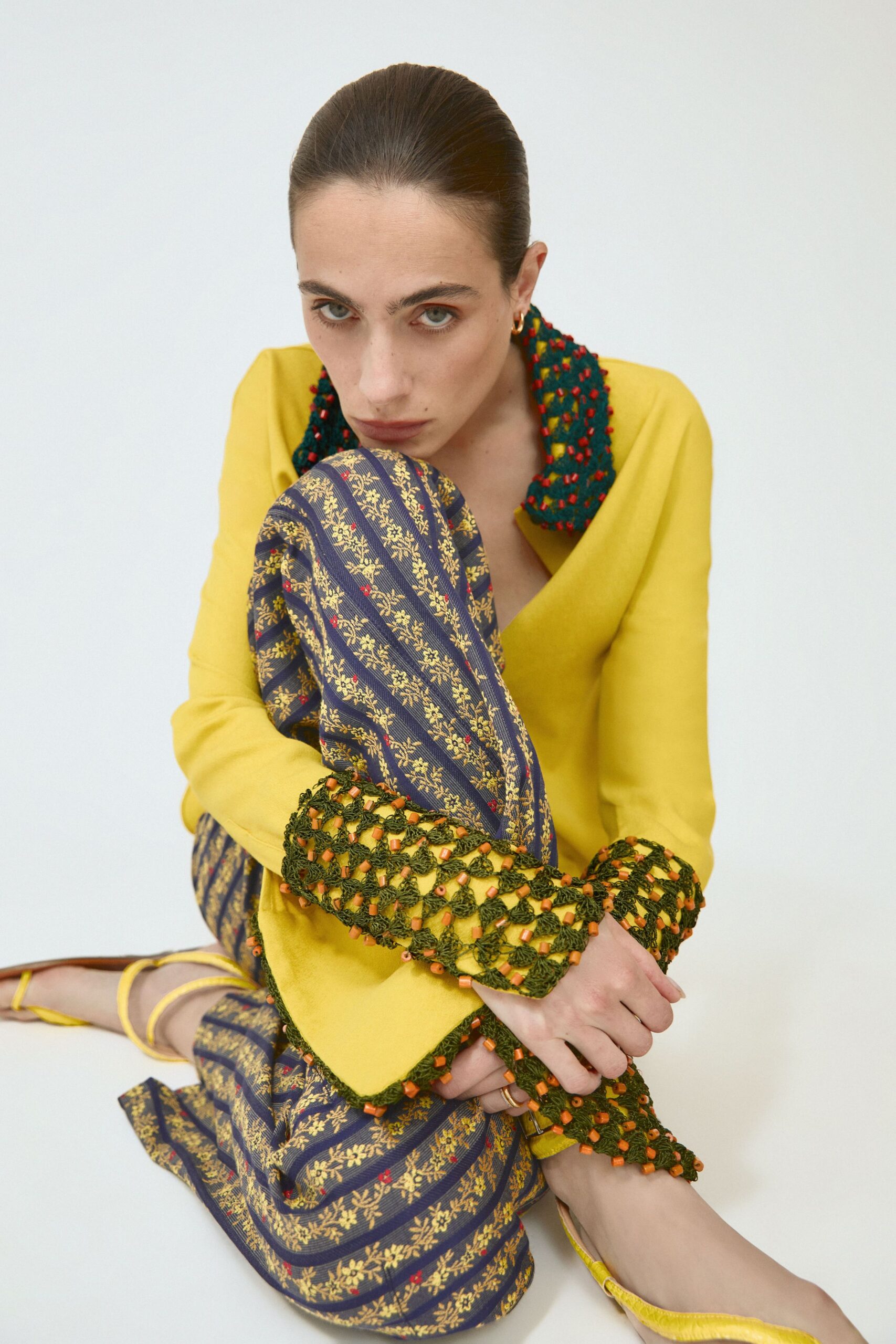 yellow long-sleeve v-neck fitted embroidered top