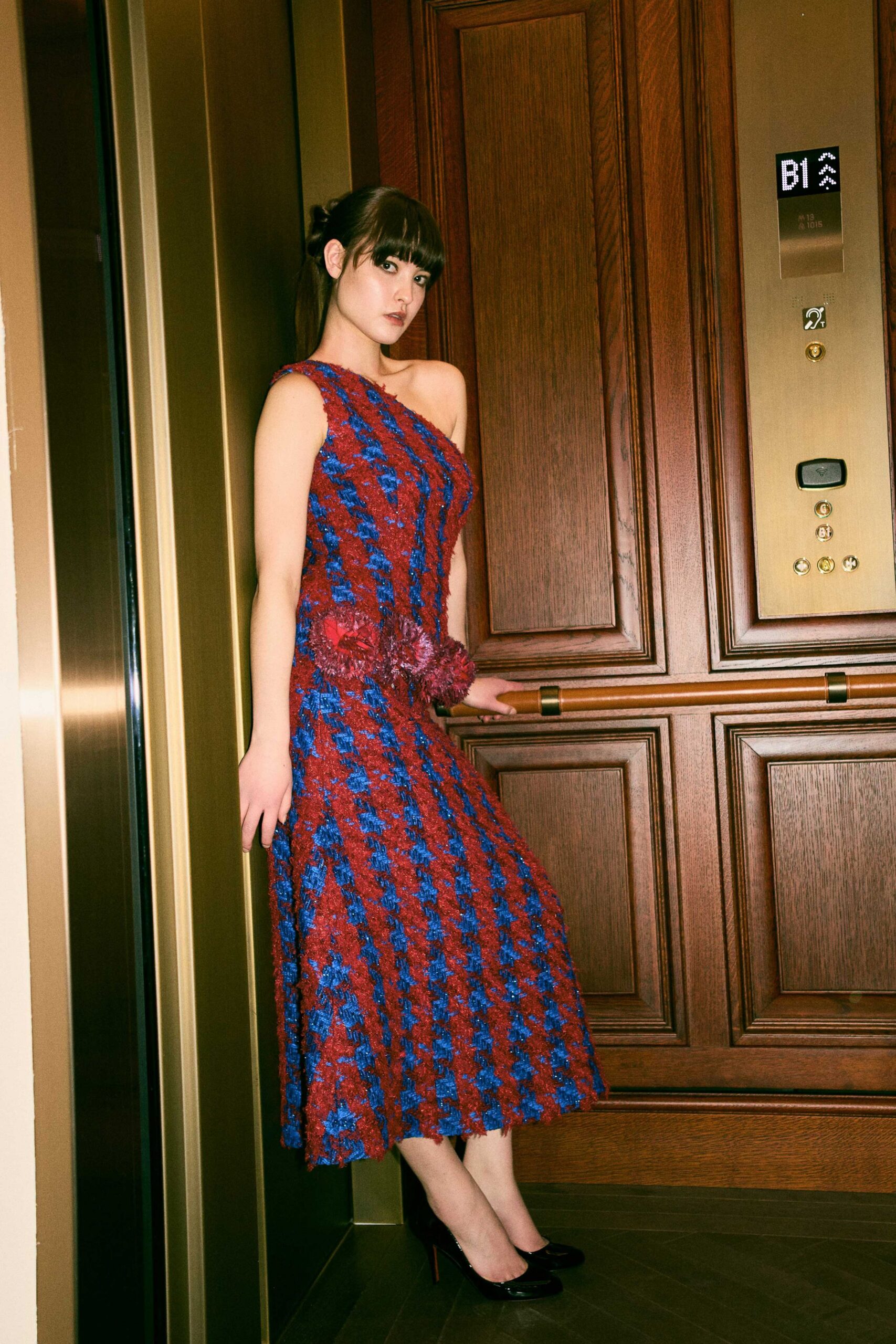 red and blue striped midi dress