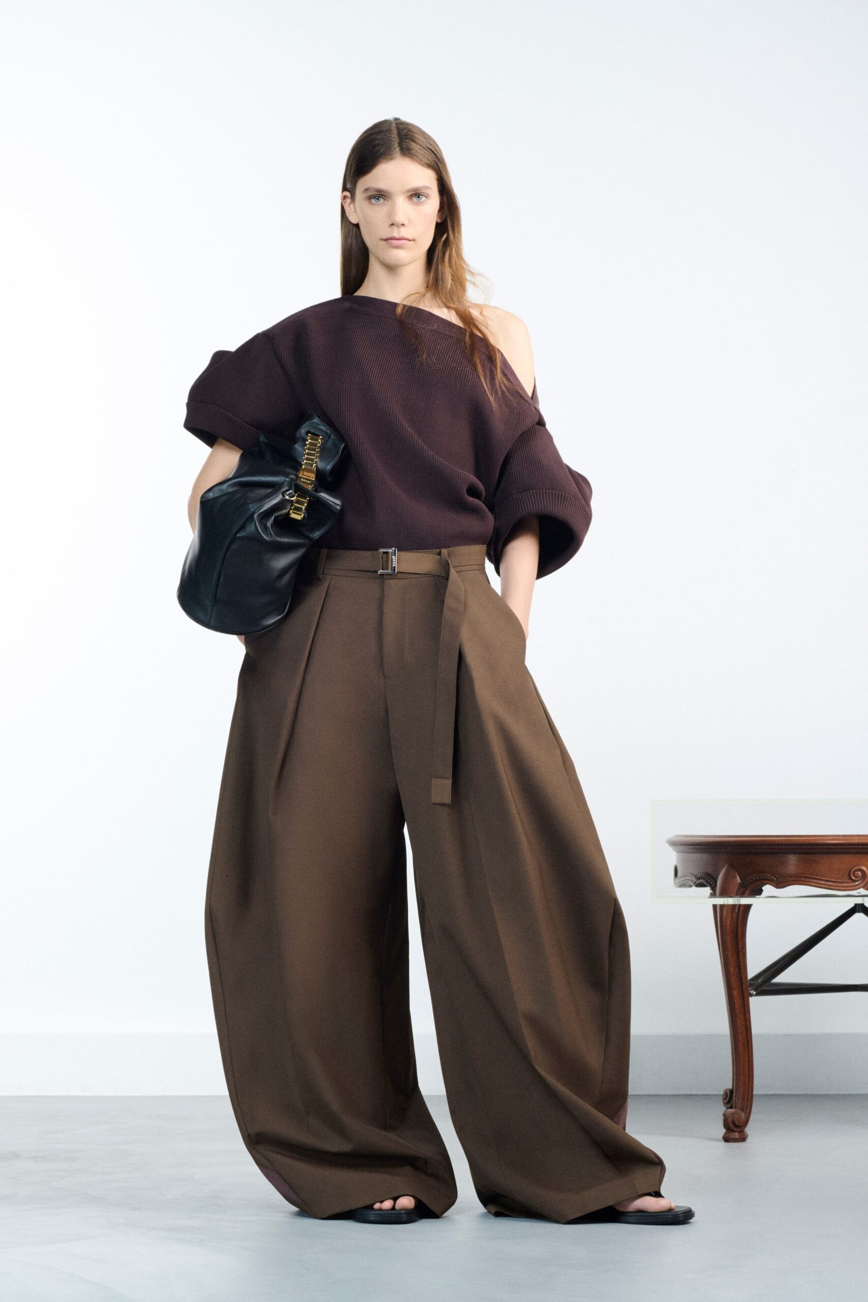 brown wool off-shoulder long-sleeve relaxed sweater