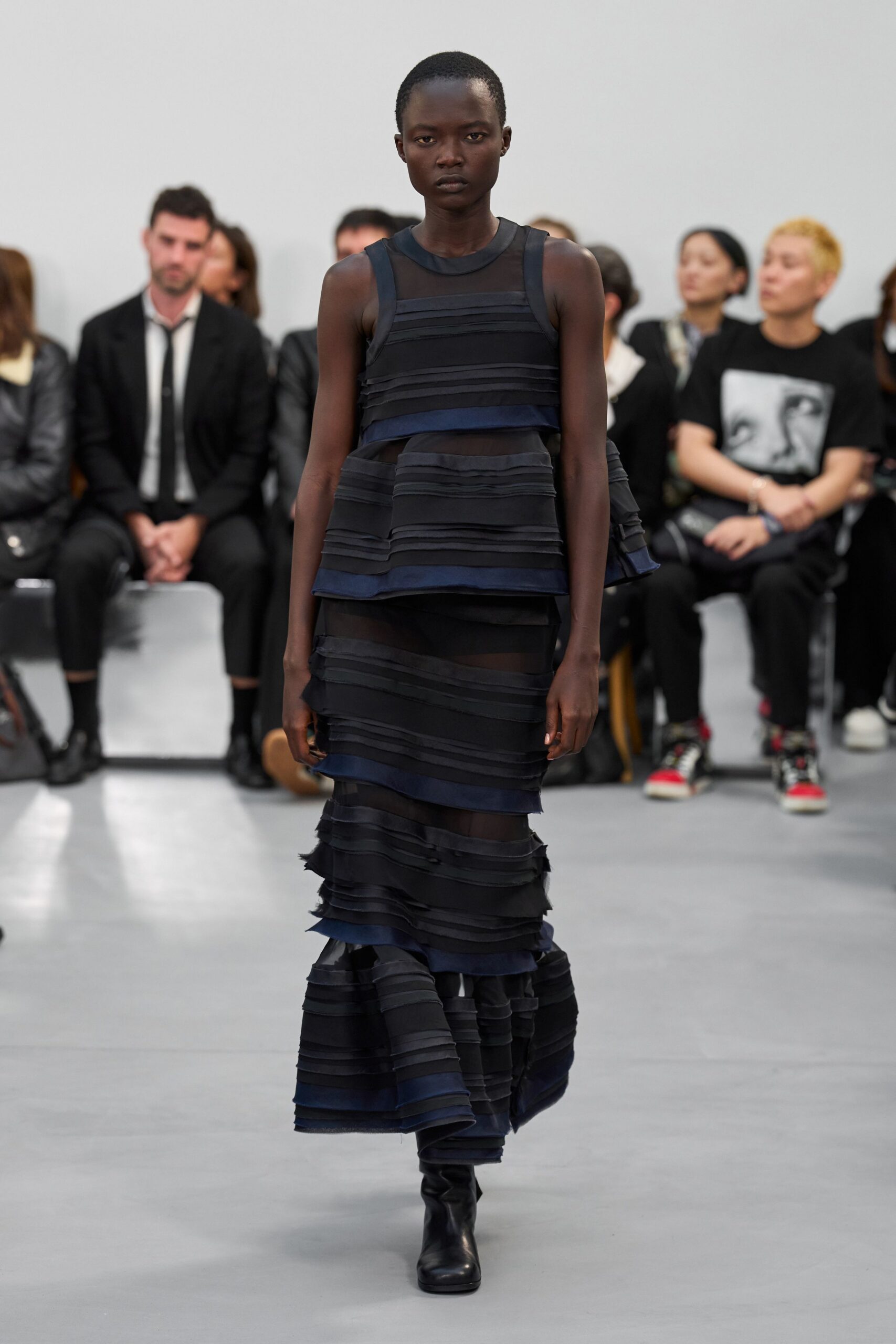 black blue layered midi dress with boots