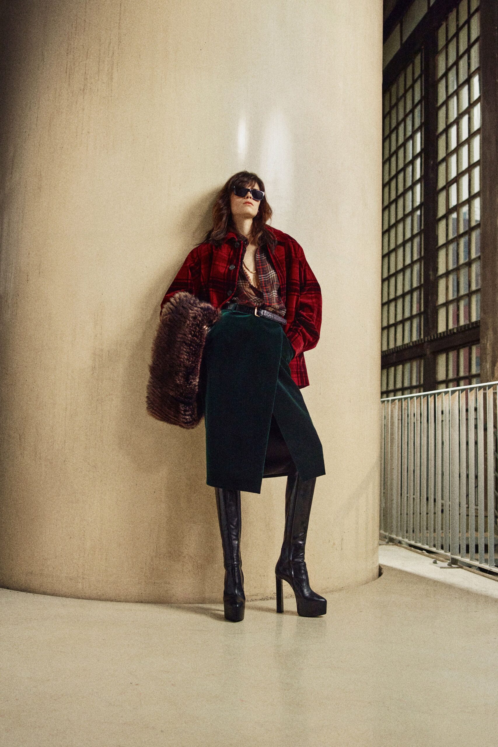 oversized red checked jacket with green skirt