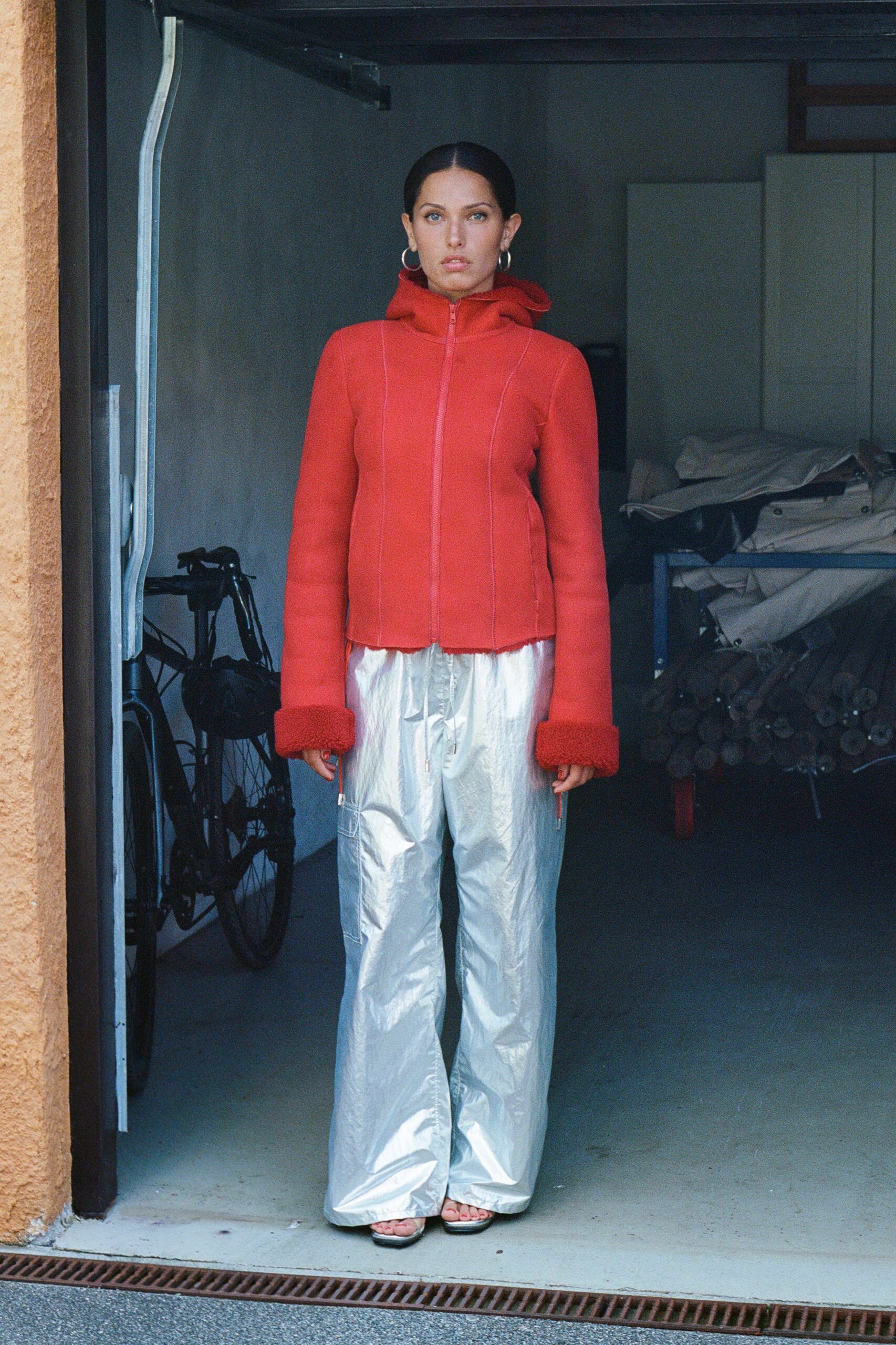 gray metallic relaxed wide-leg shiny pants
