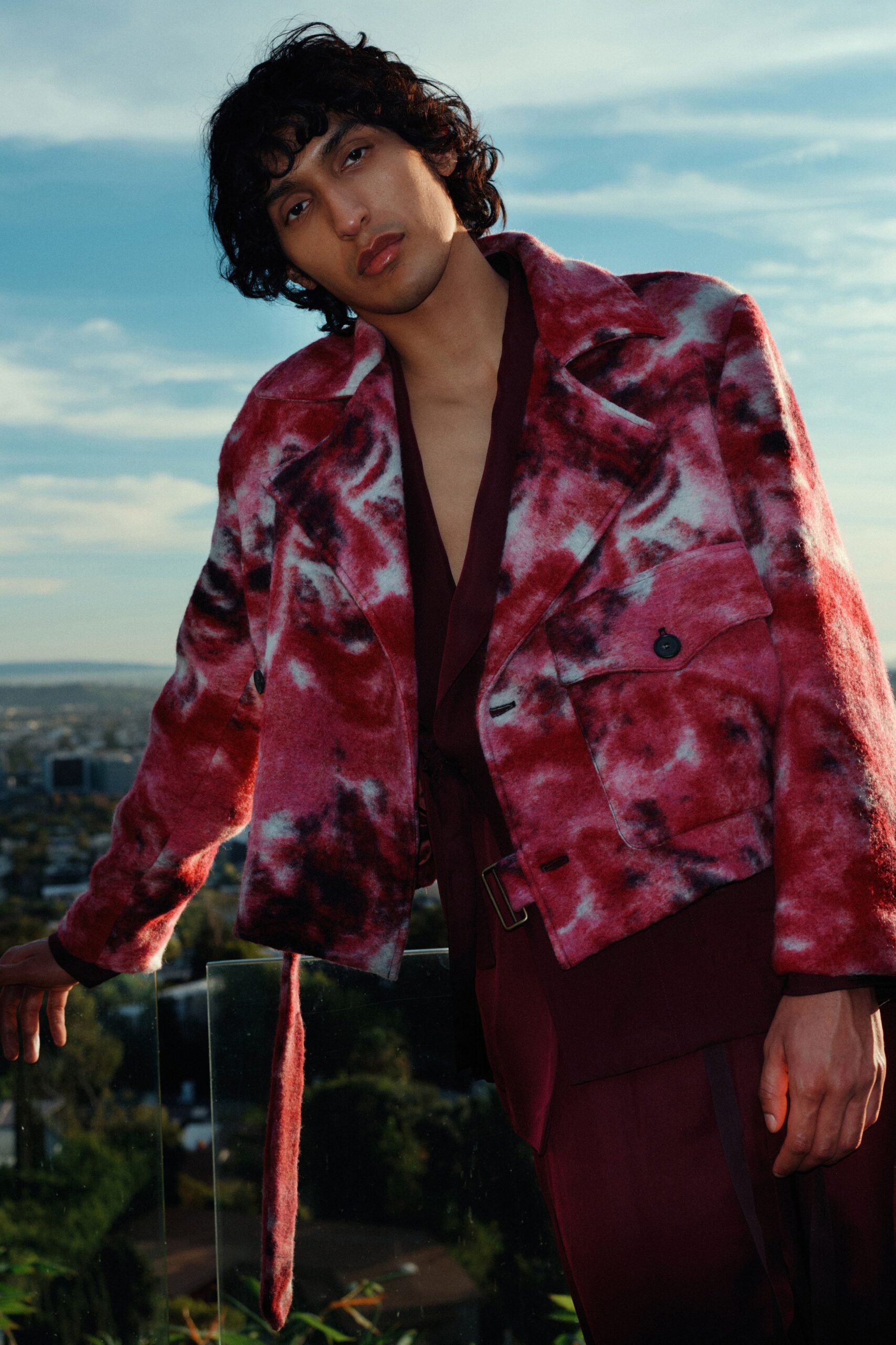 maroon silk v-neck fitted suit