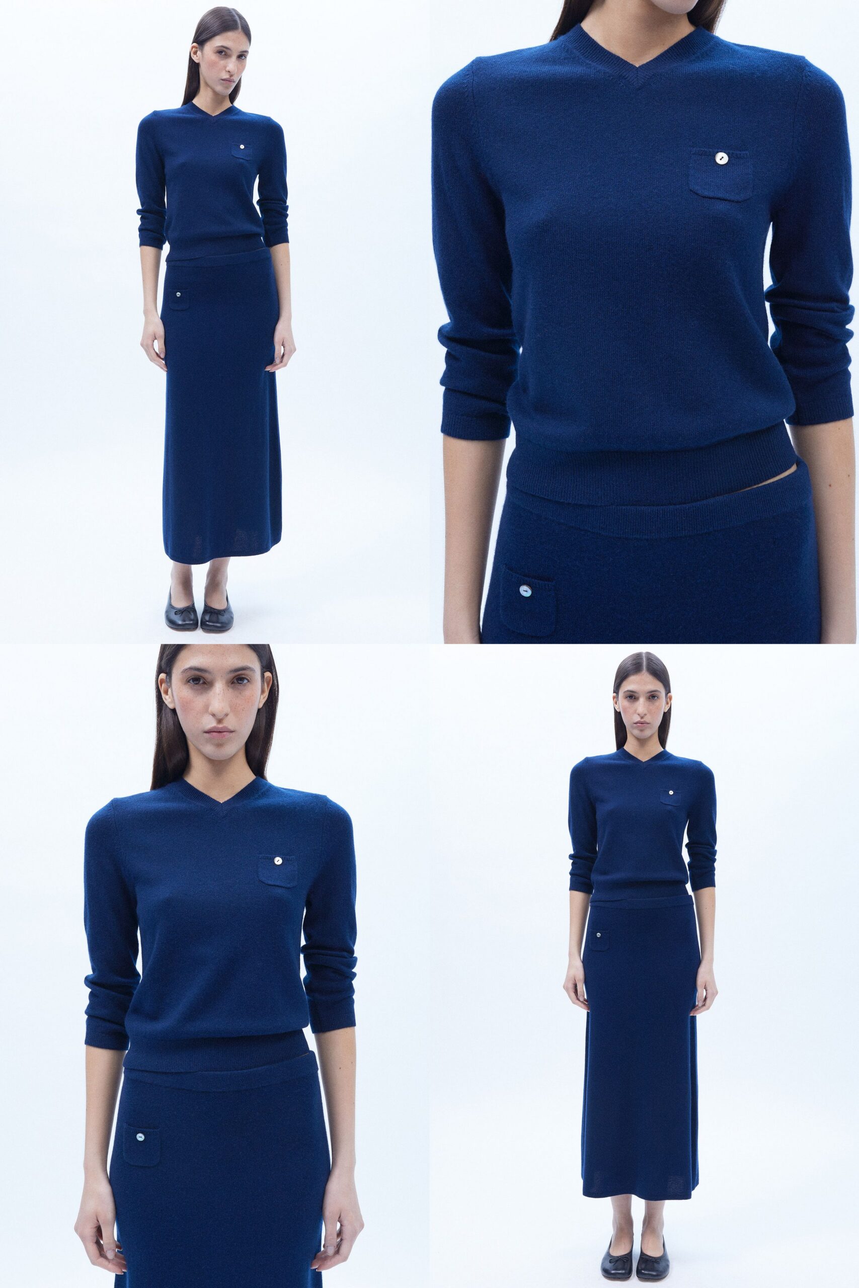 blue wool long-sleeve v-neck fitted pockets top