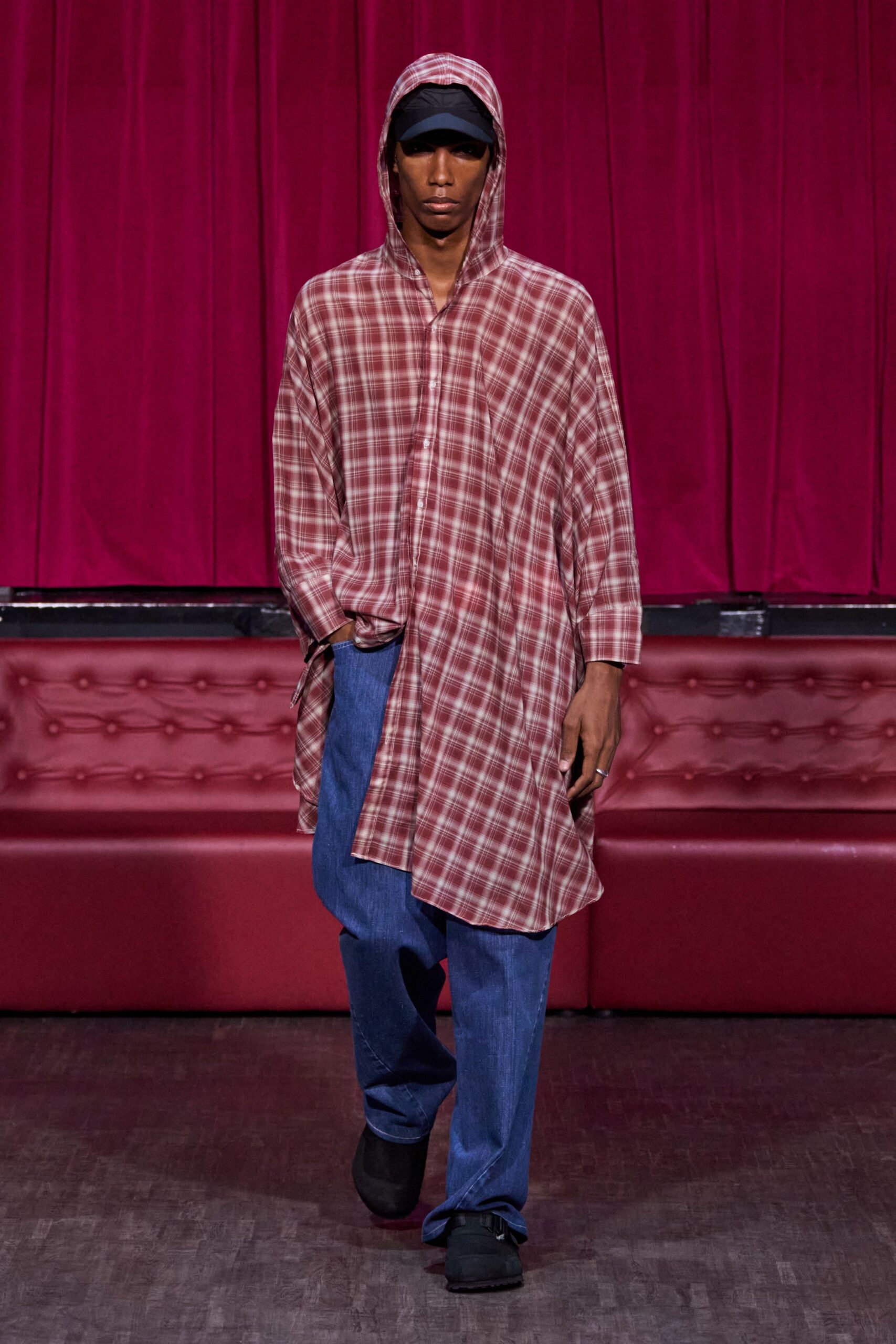 red plaid shirt with denim pants