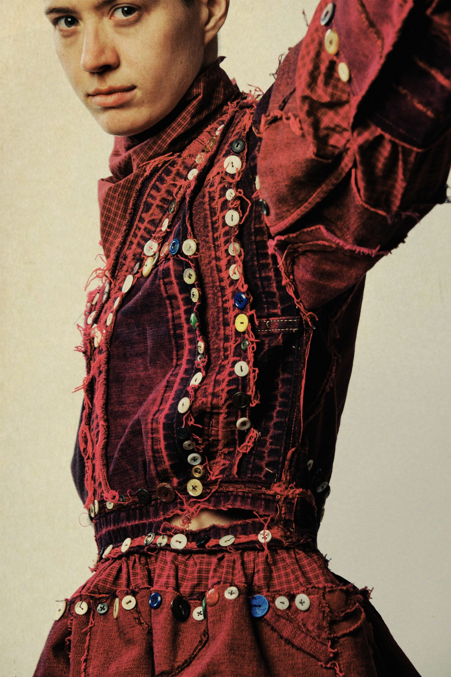 red cotton long-sleeve high-neck fitted embroidered layered top