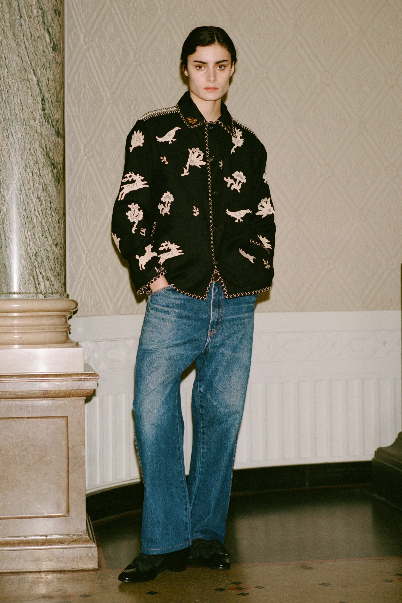 black embroidered jacket with jeans