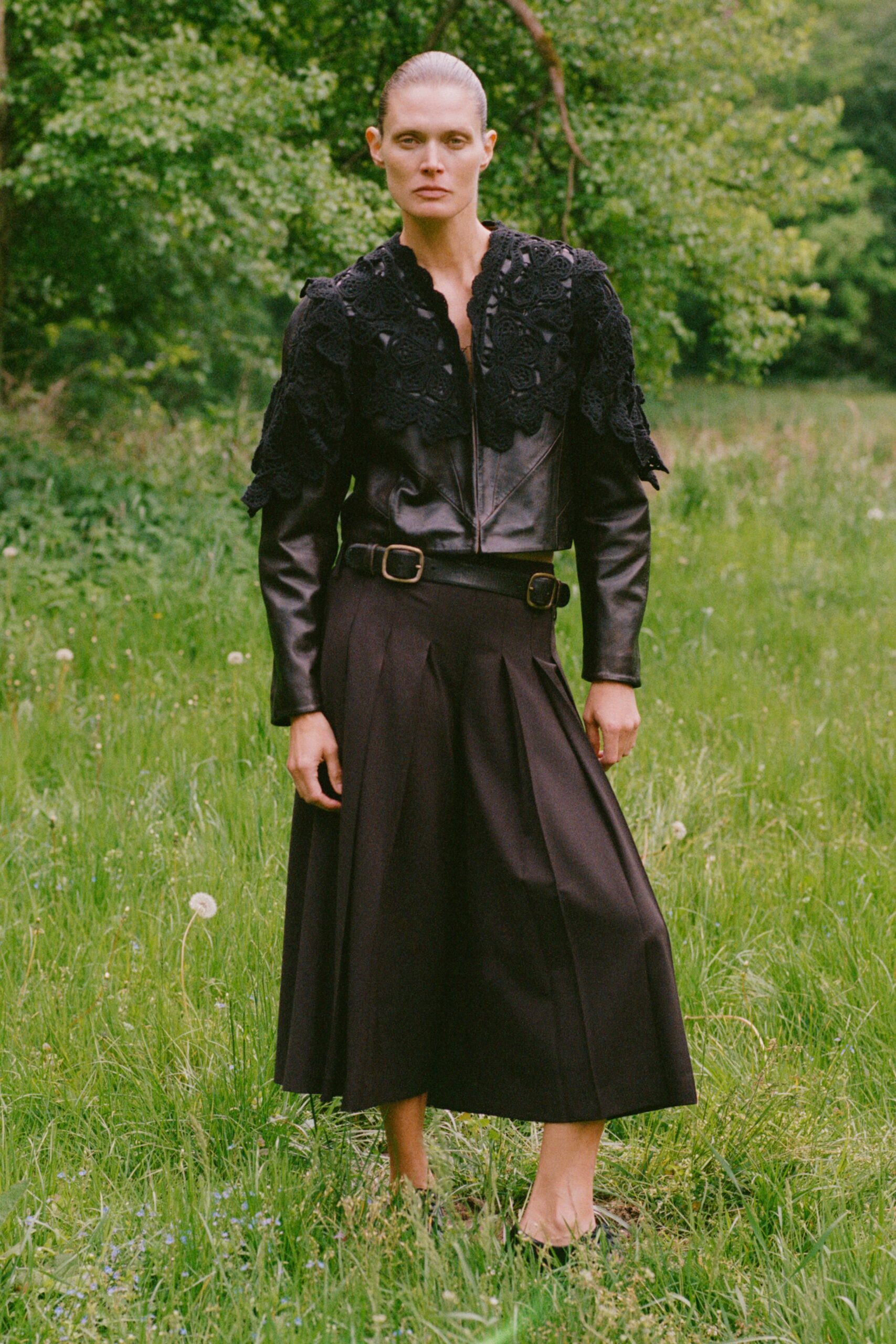 black leather long-sleeve collared fitted embroidered jacket