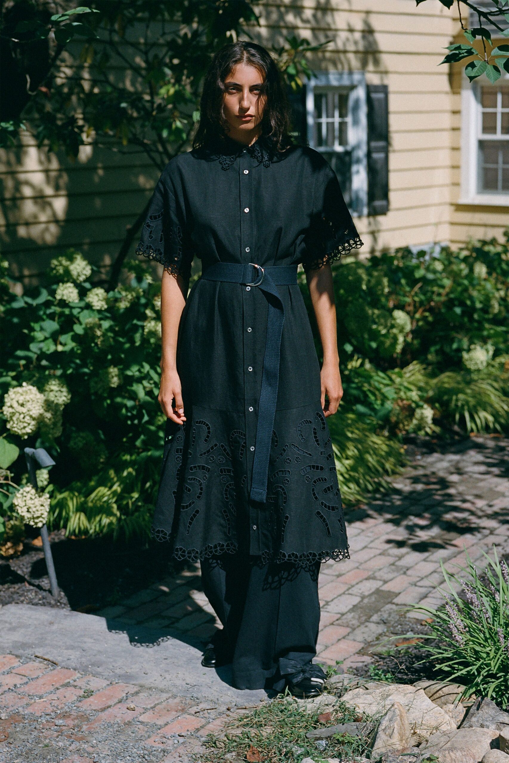 black embroidered midi dress with pants