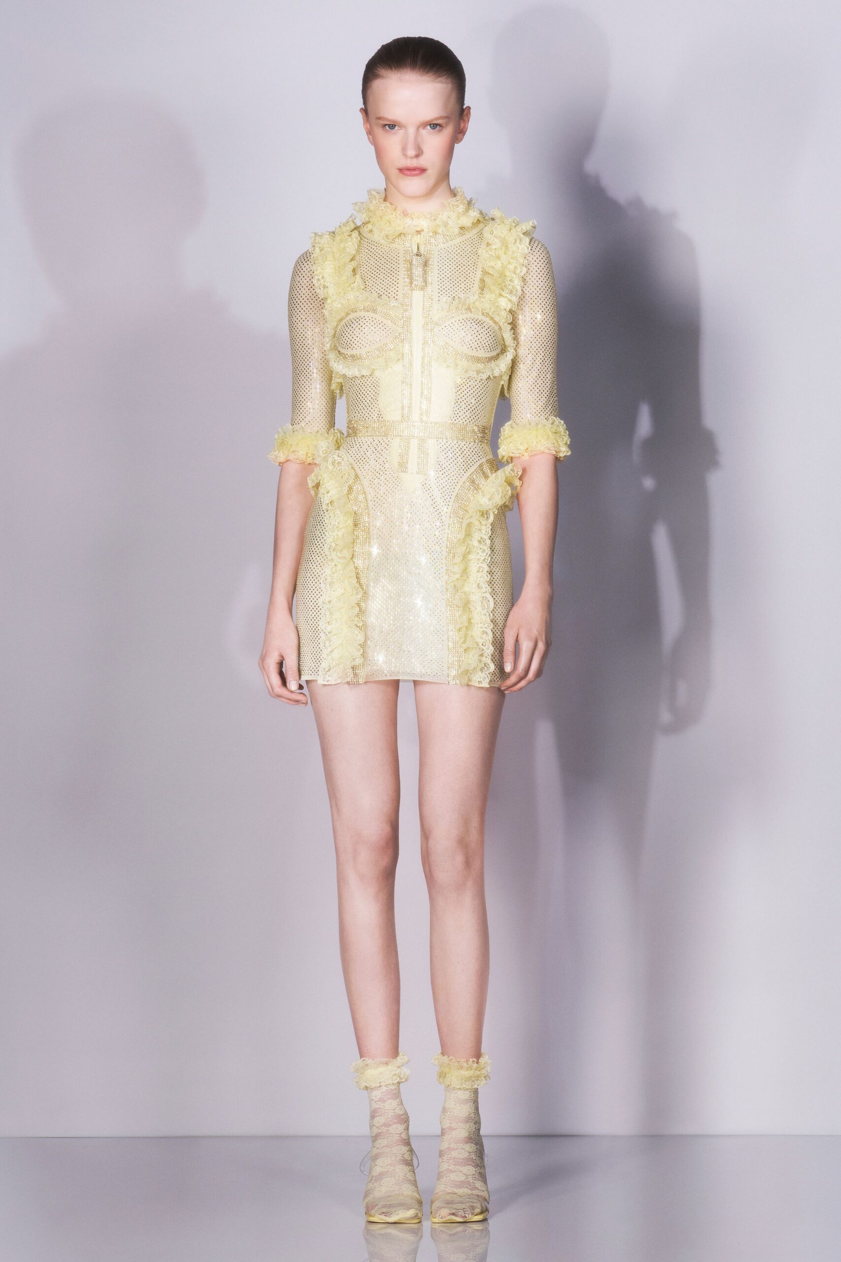 yellow mesh short-sleeve fitted zippered ruffled shiny dress