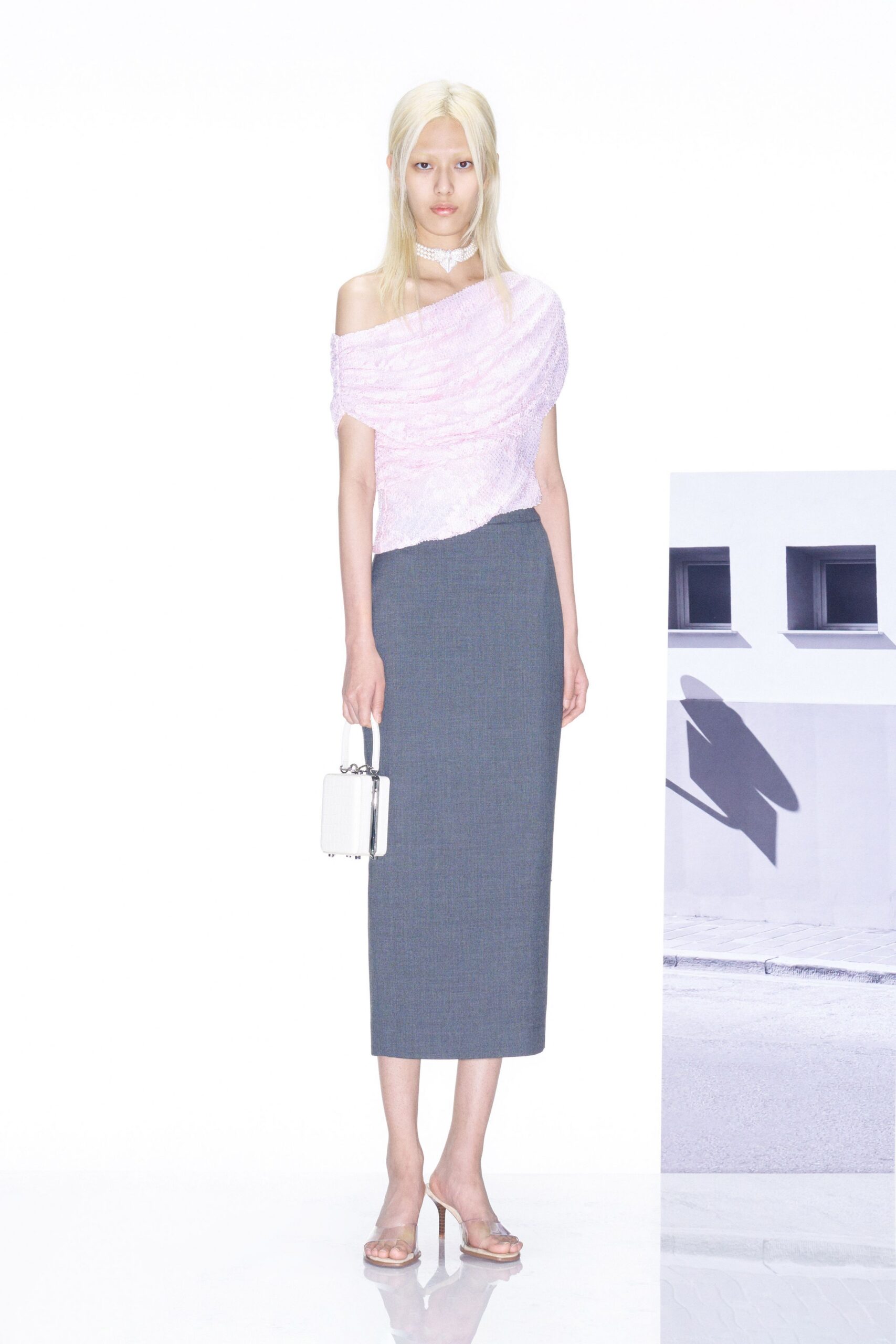 pink silk sleeveless off-shoulder fitted ruched top