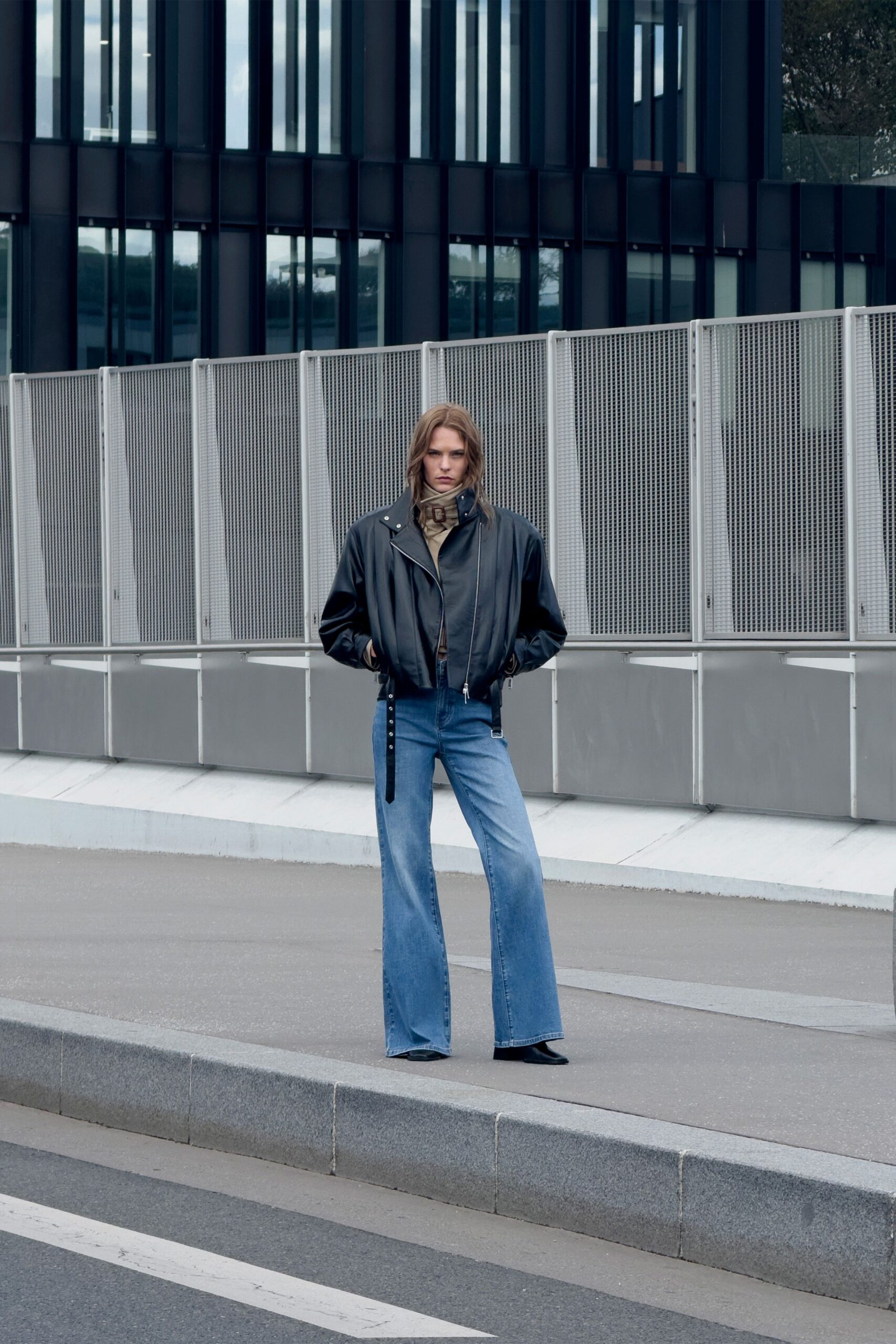 blue denim fitted flared jeans