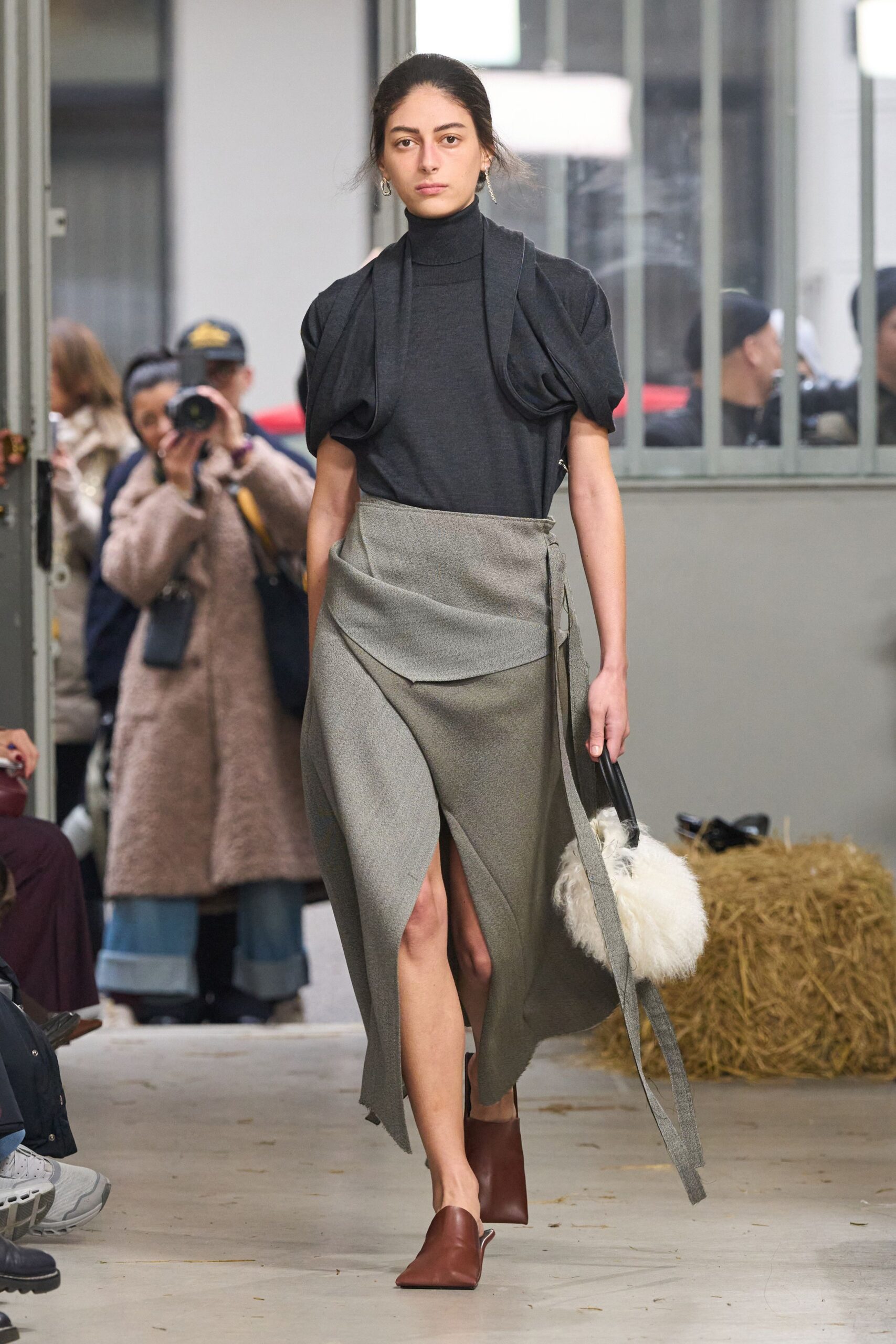 gray wool asymmetric slit fitted layered skirt