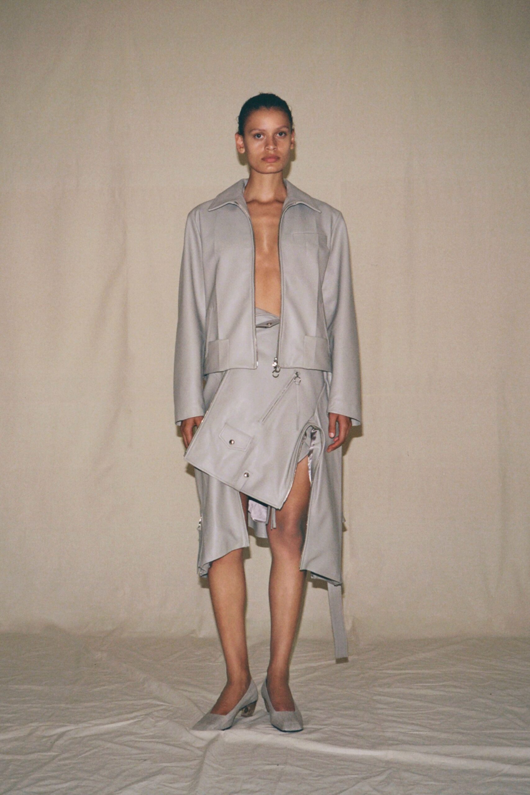 gray leather long-sleeve collared relaxed zippered jacket