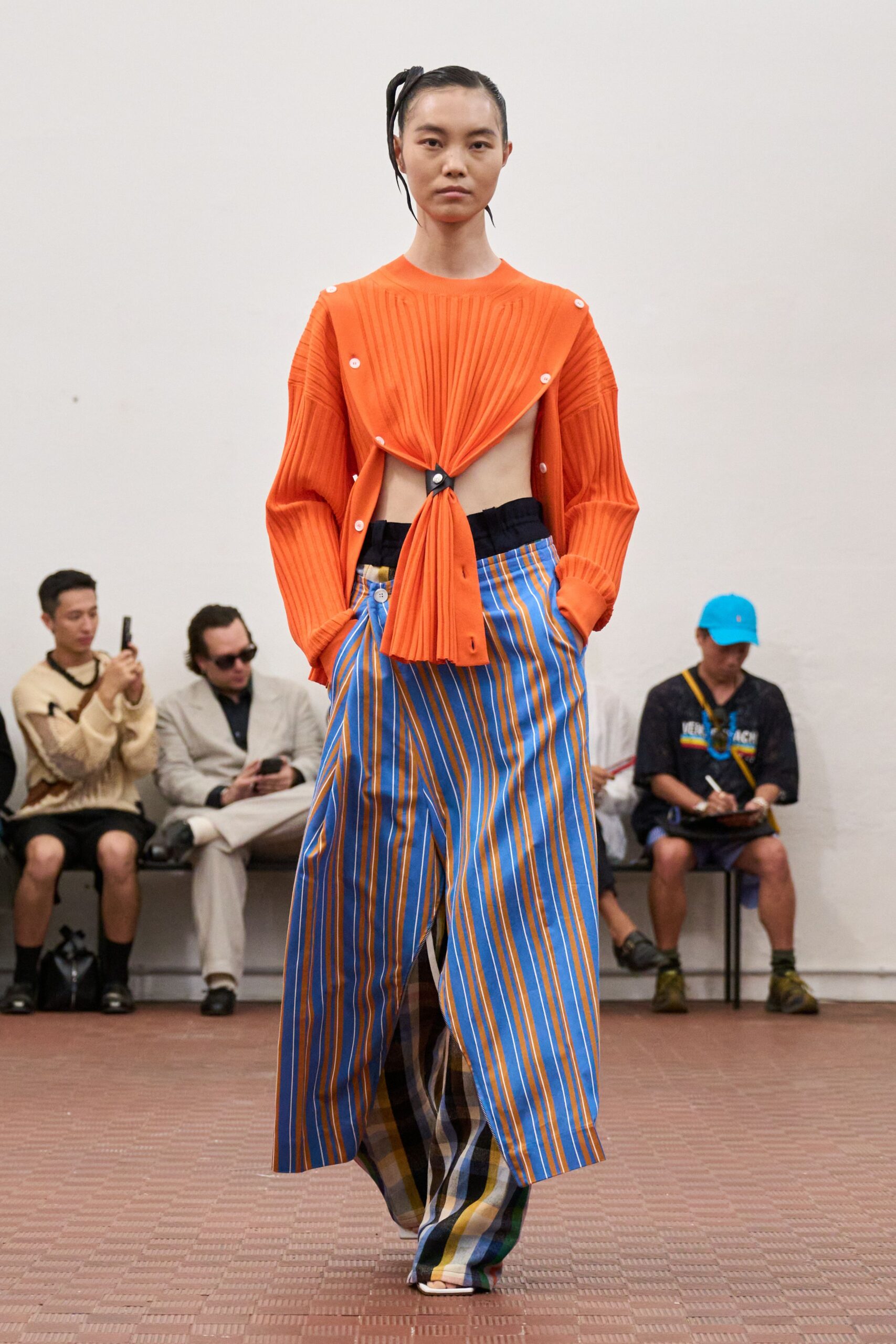 orange cotton long-sleeve collared fitted buttoned pleated top