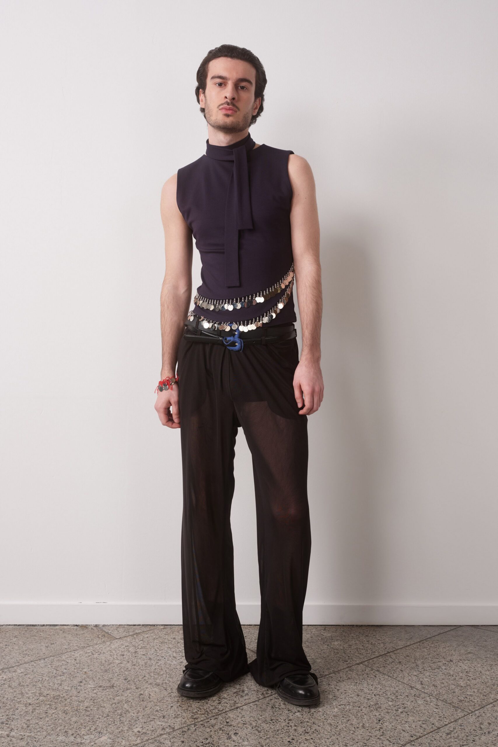 navy fitted sleeveless top with fringes