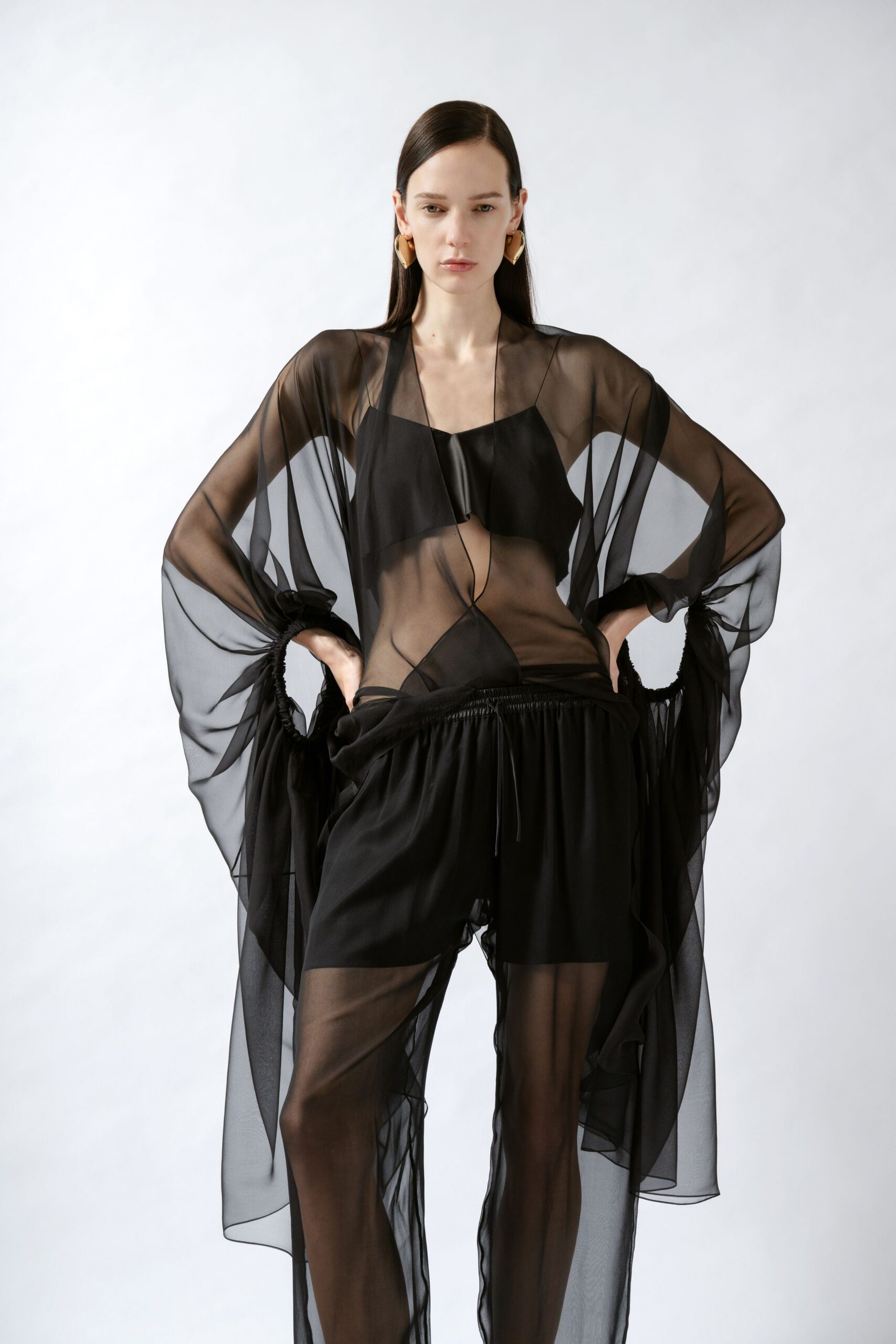 black chiffon long-sleeve v-neck relaxed draped top