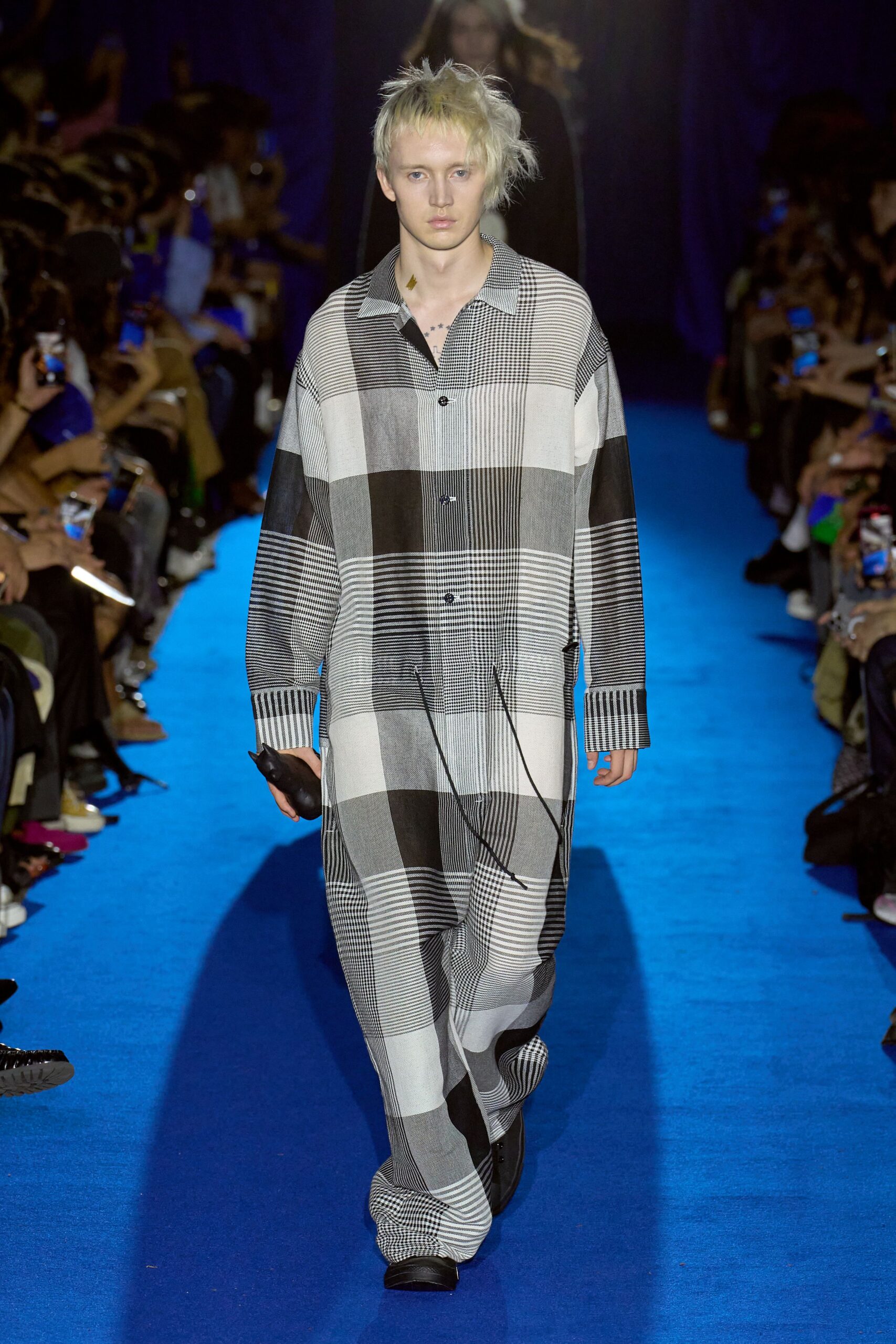 black cotton long-sleeve collared relaxed checked jumpsuit