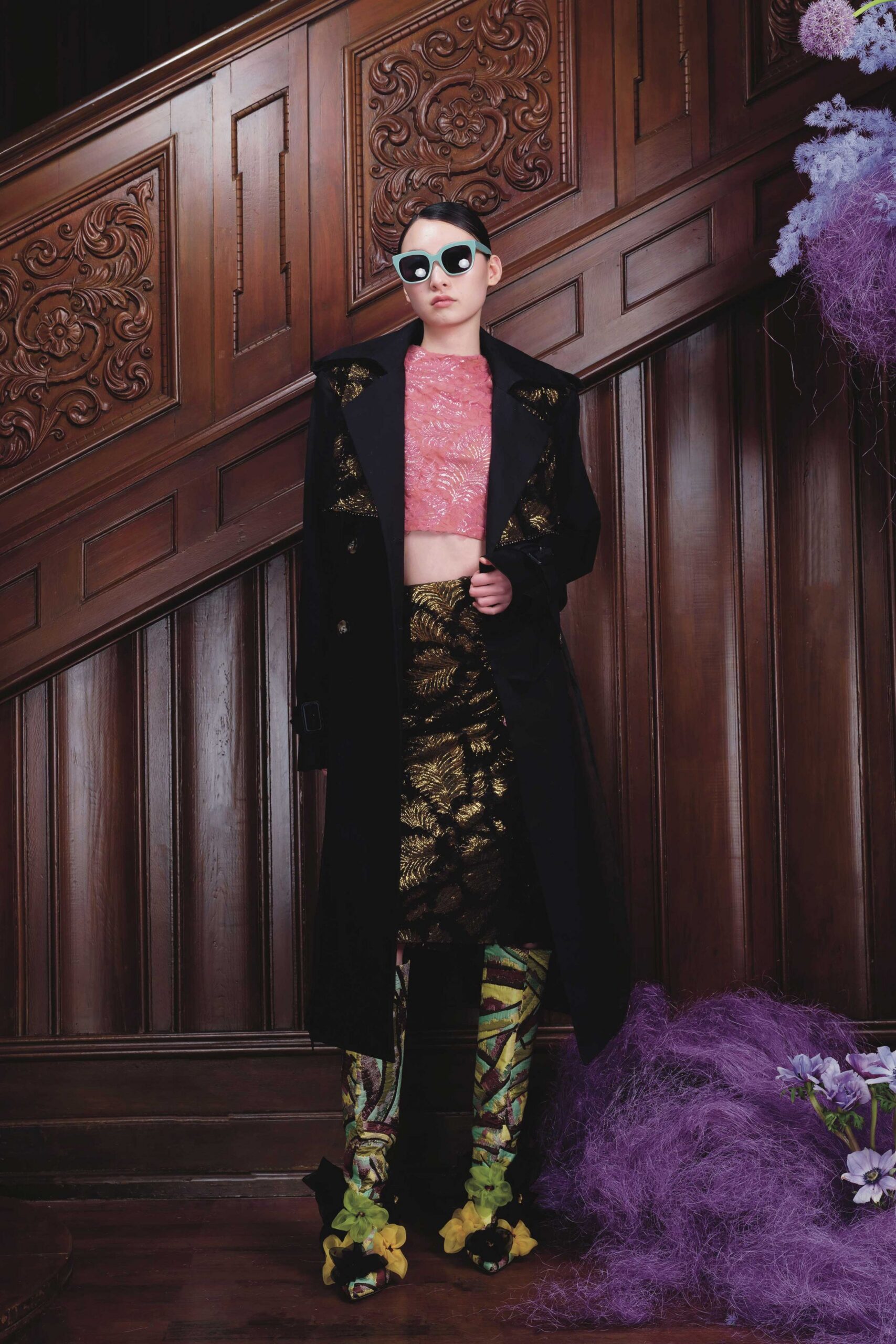 black silk long-sleeve collared relaxed buttoned coat
