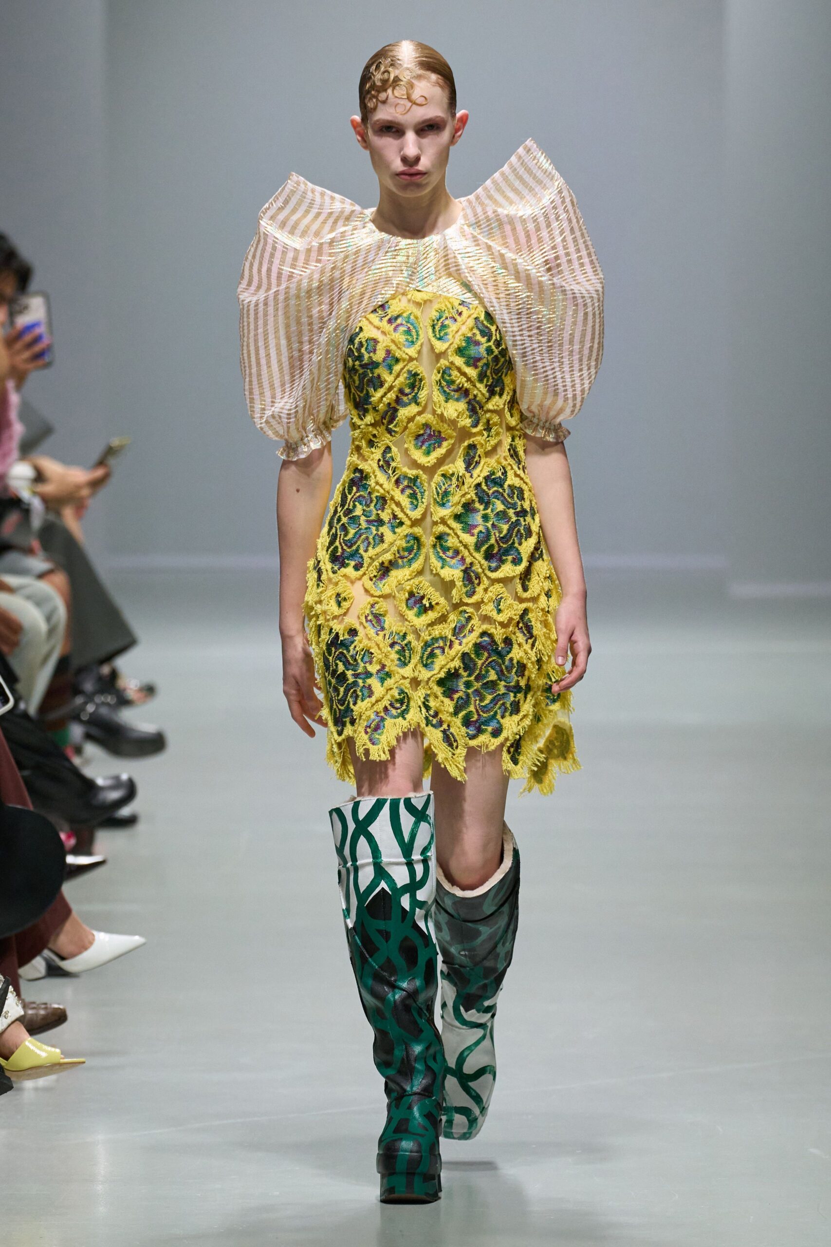 yellow silk short-sleeve high-neck fitted embroidered ruffled dress