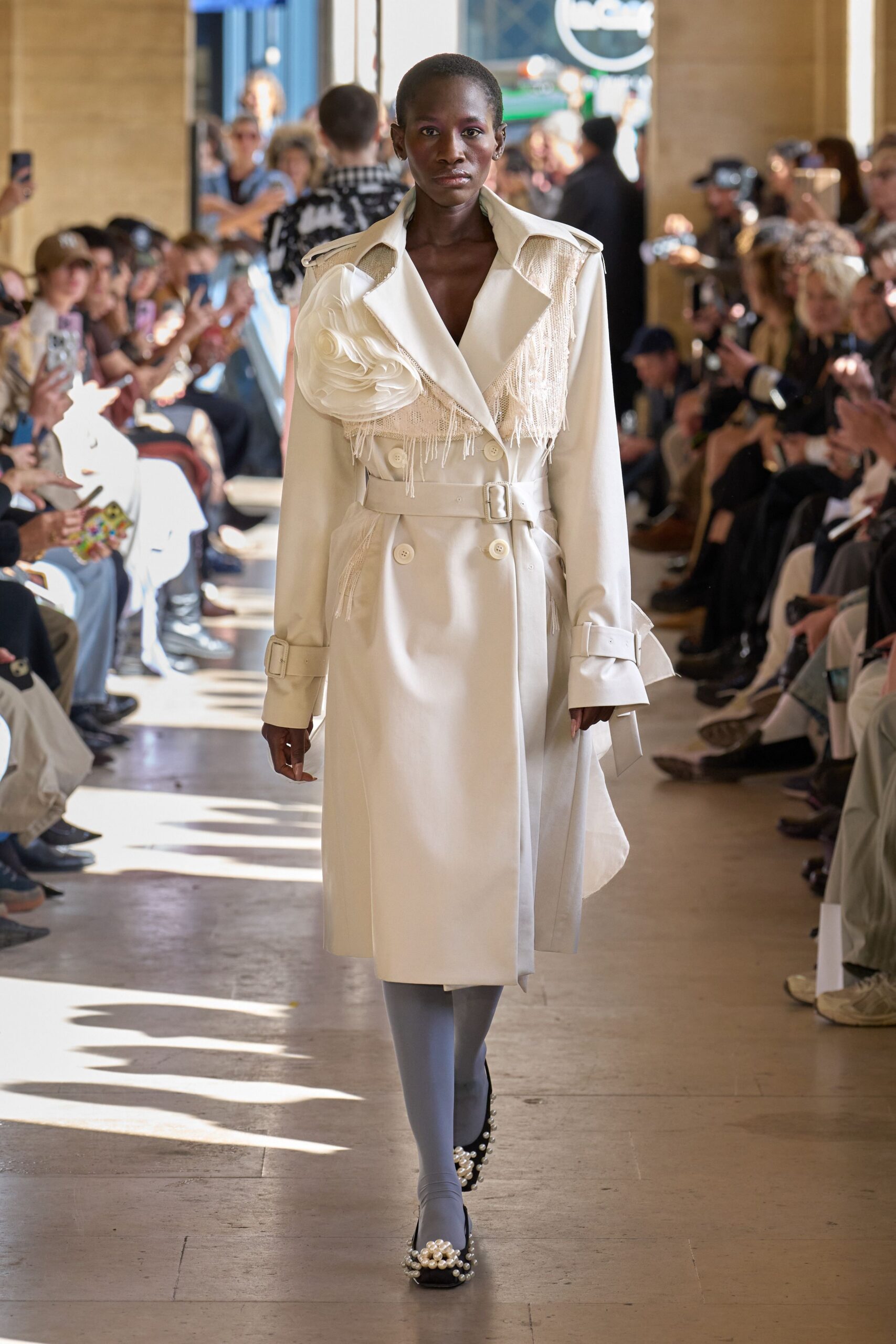 white cotton long-sleeve collared structured fringed belted trench