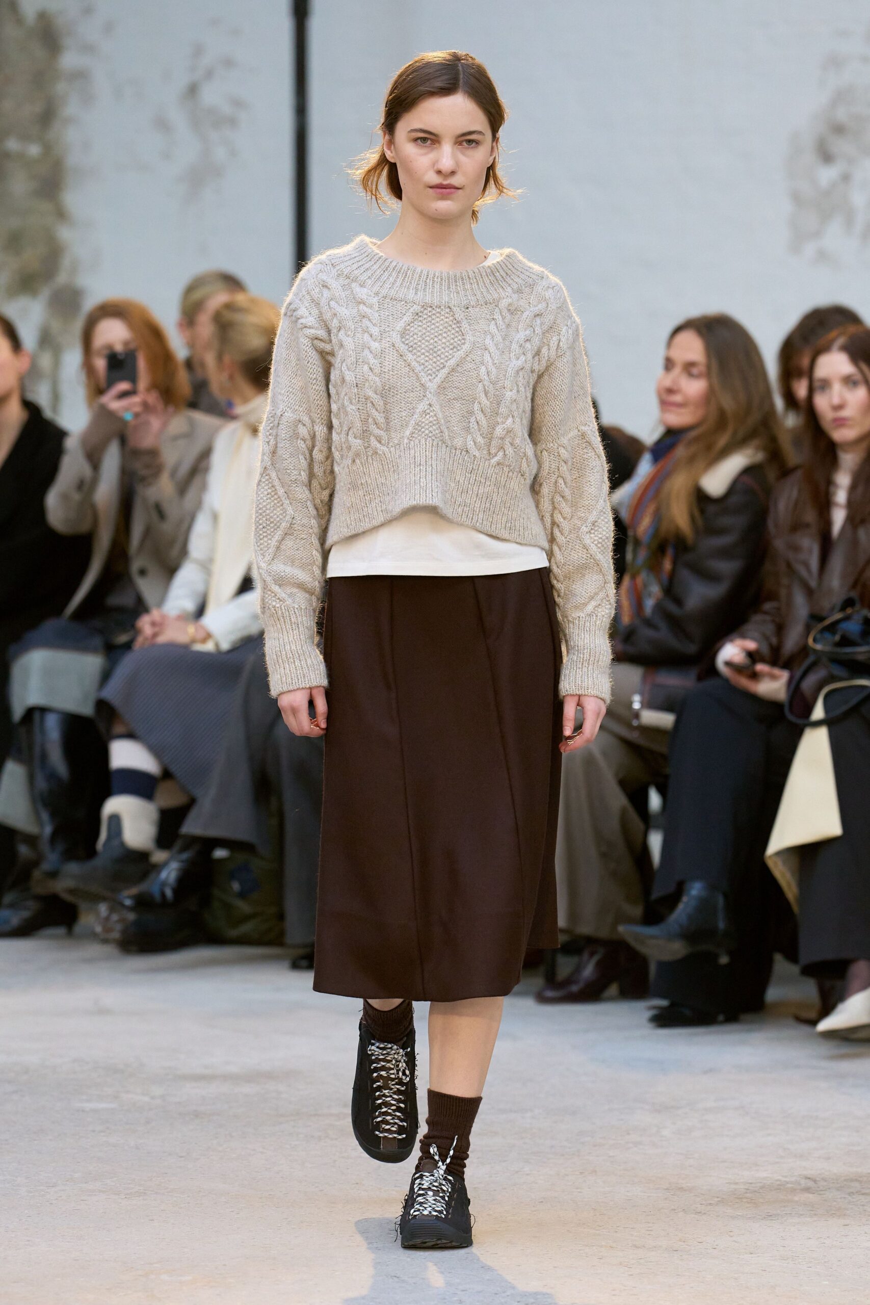 beige wool sweater brown midi skirt