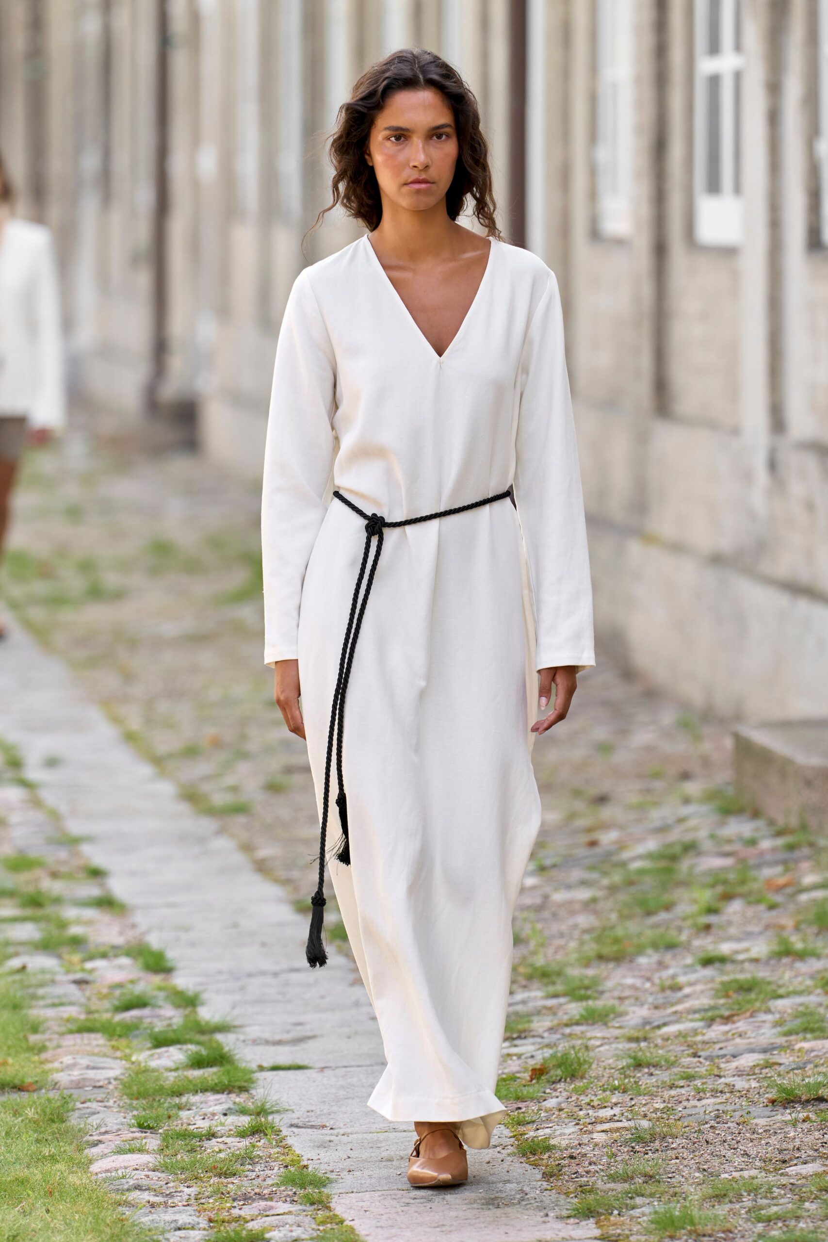 white cotton long-sleeve v-neck relaxed belted maxi dress