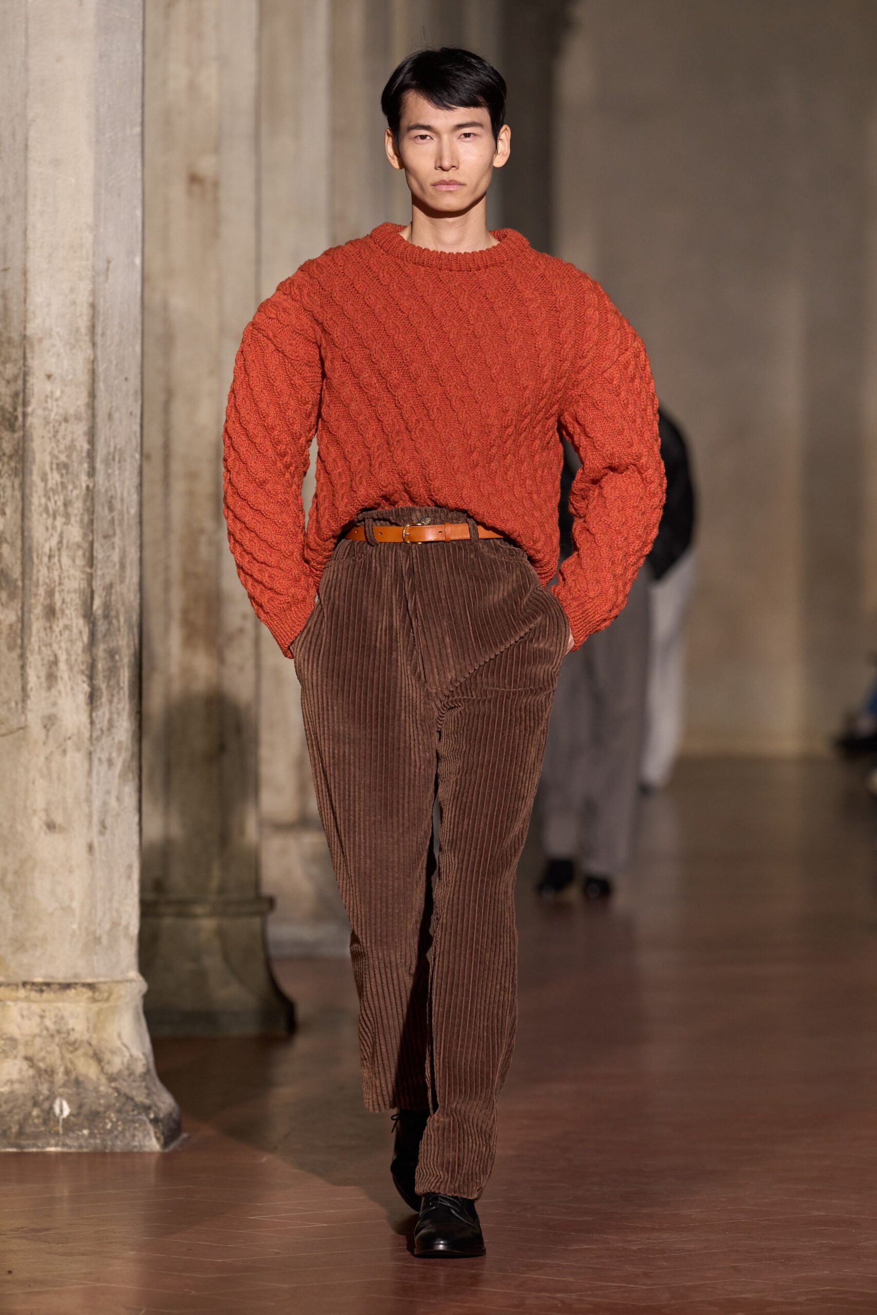 orange knit sweater brown corduroy pants