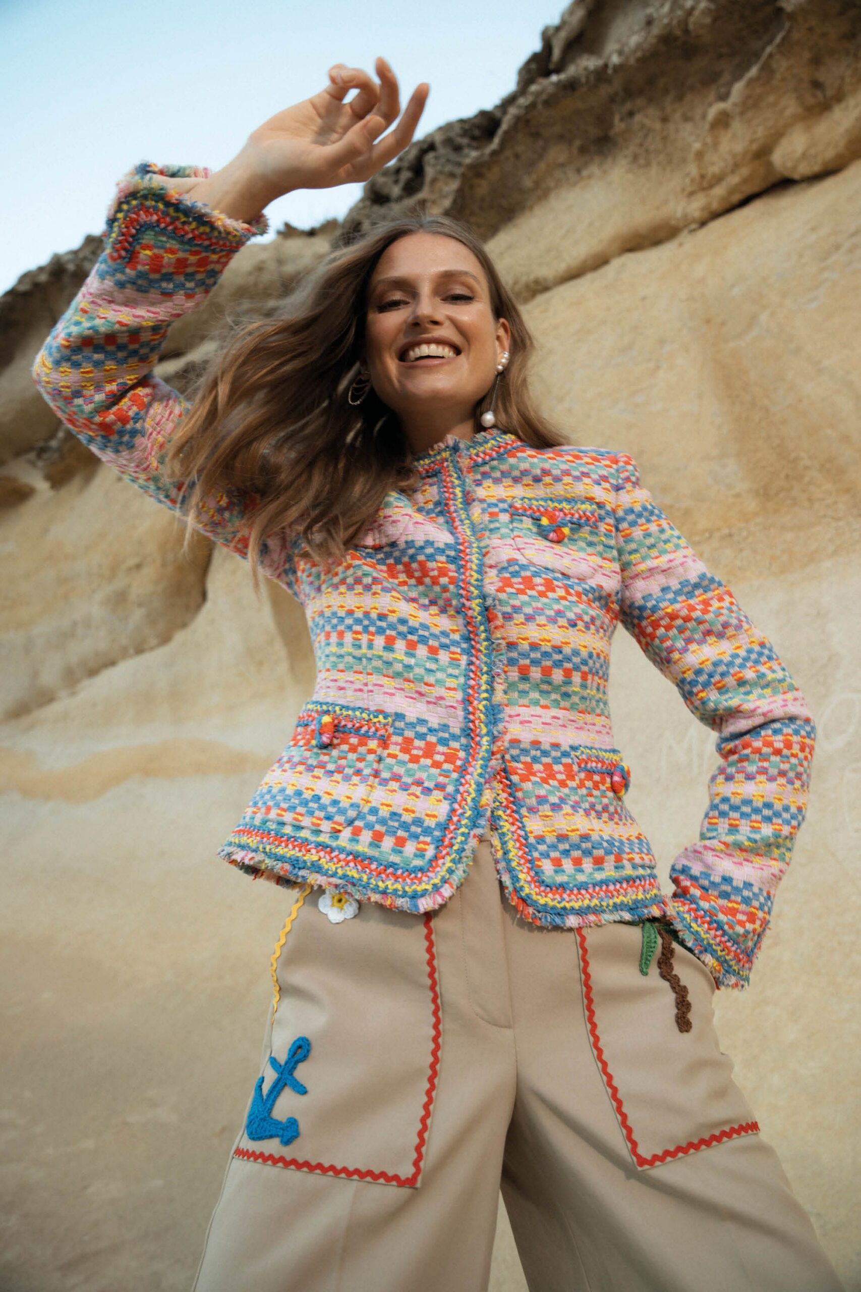multi cotton long-sleeve collared fitted embroidered buttoned jacket