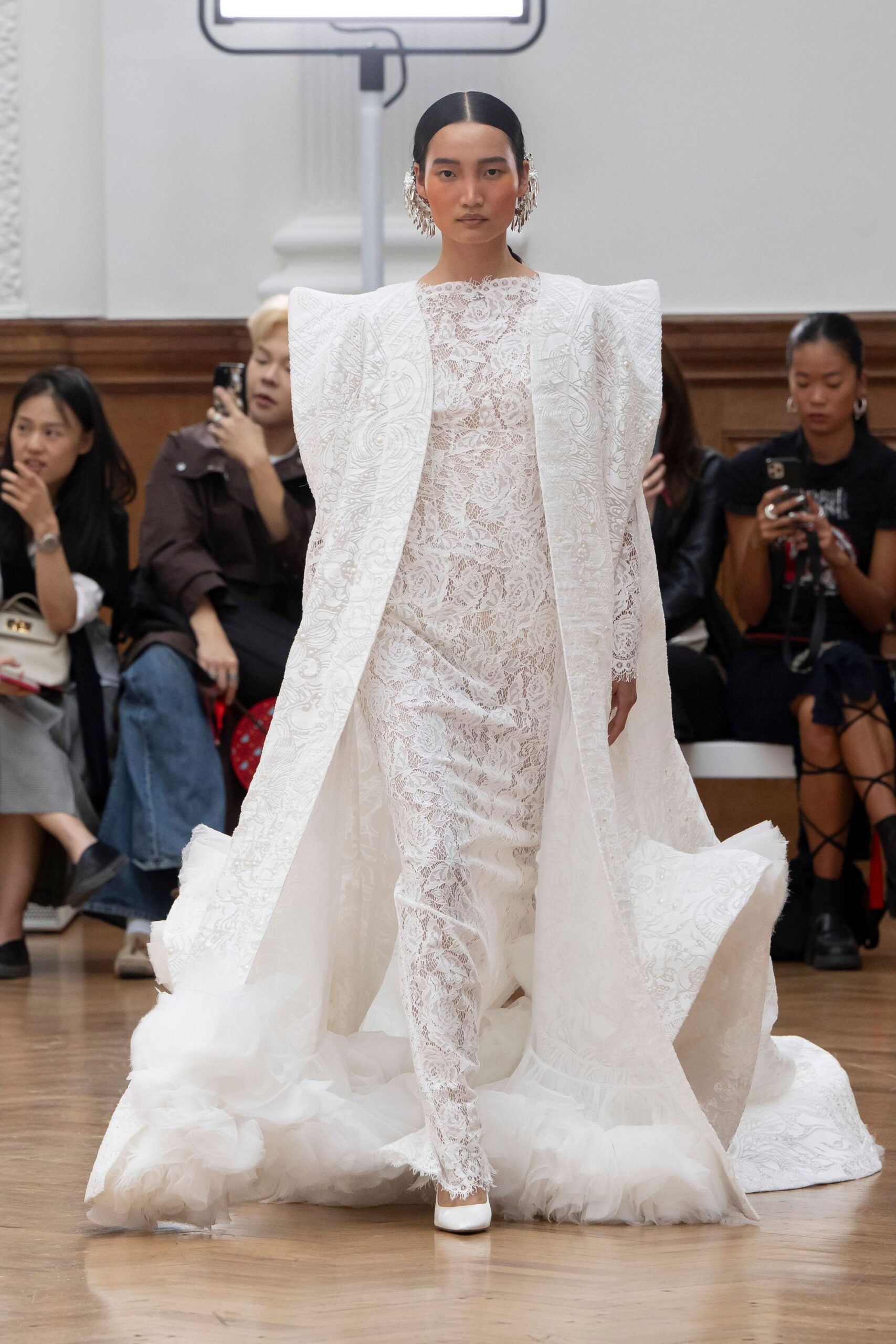 white lace long-sleeve high-neck fitted layered embellished gown