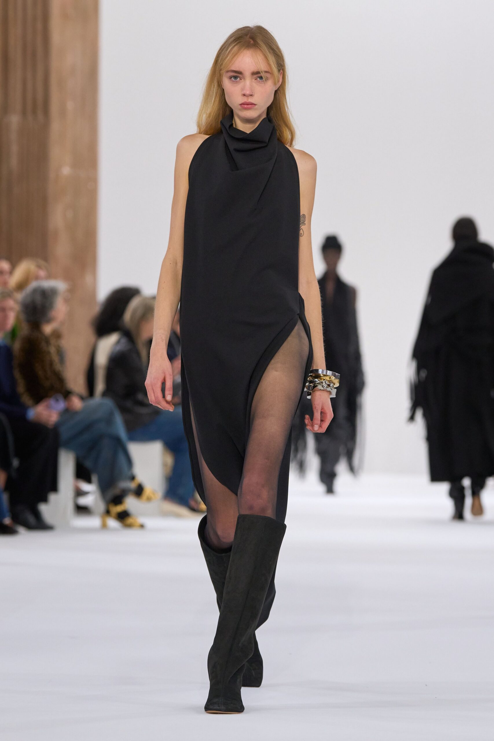 black silk sleeveless high-neck fitted draped sheer dress