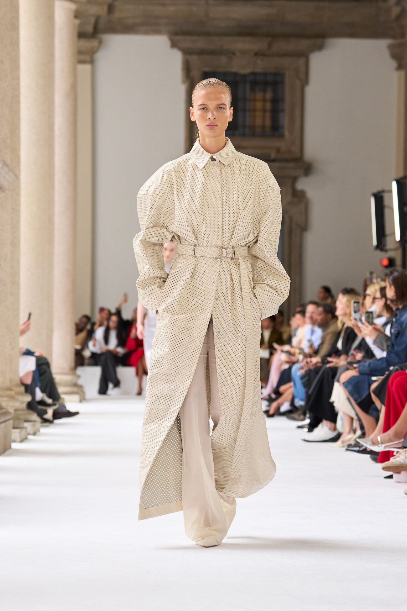 beige cotton long-sleeve collared oversized belted pleated coat