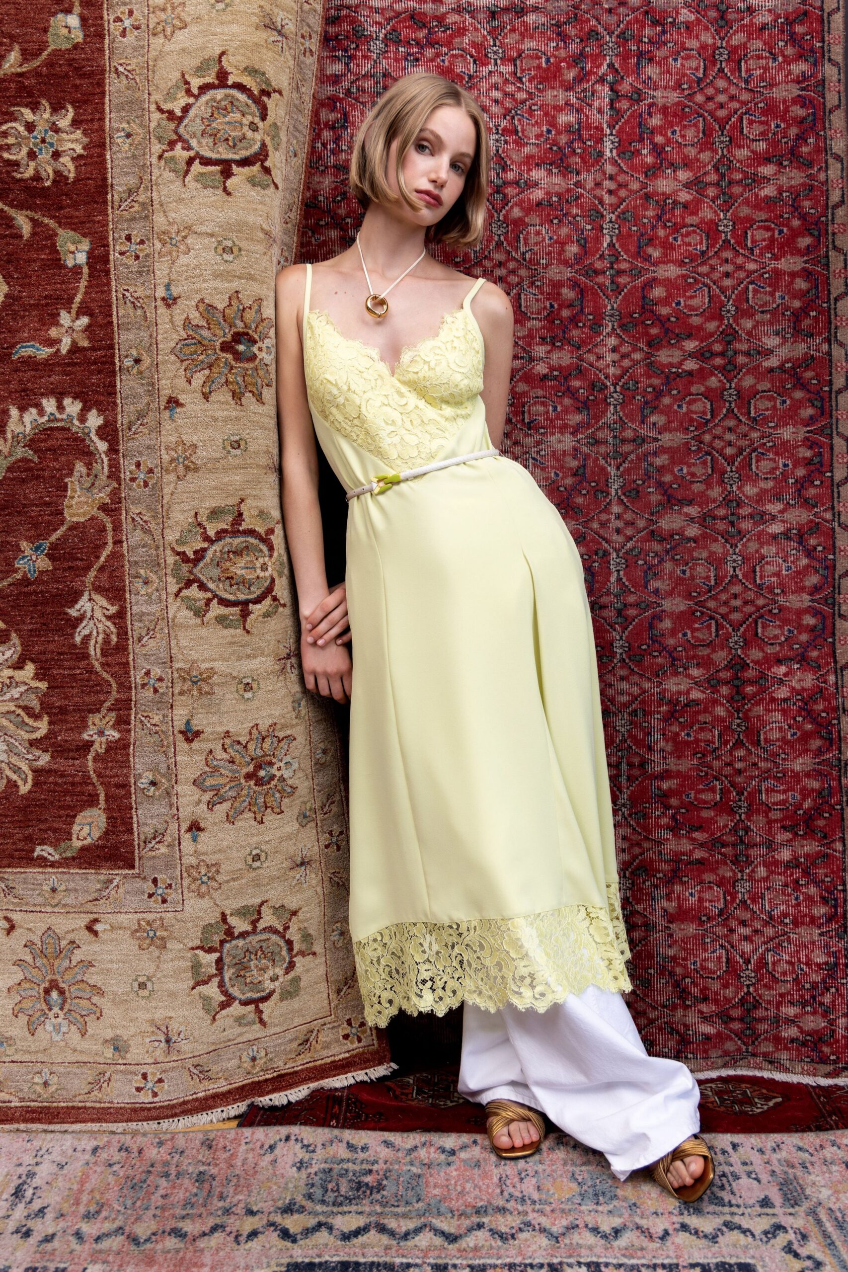yellow silk midi dress with white pants
