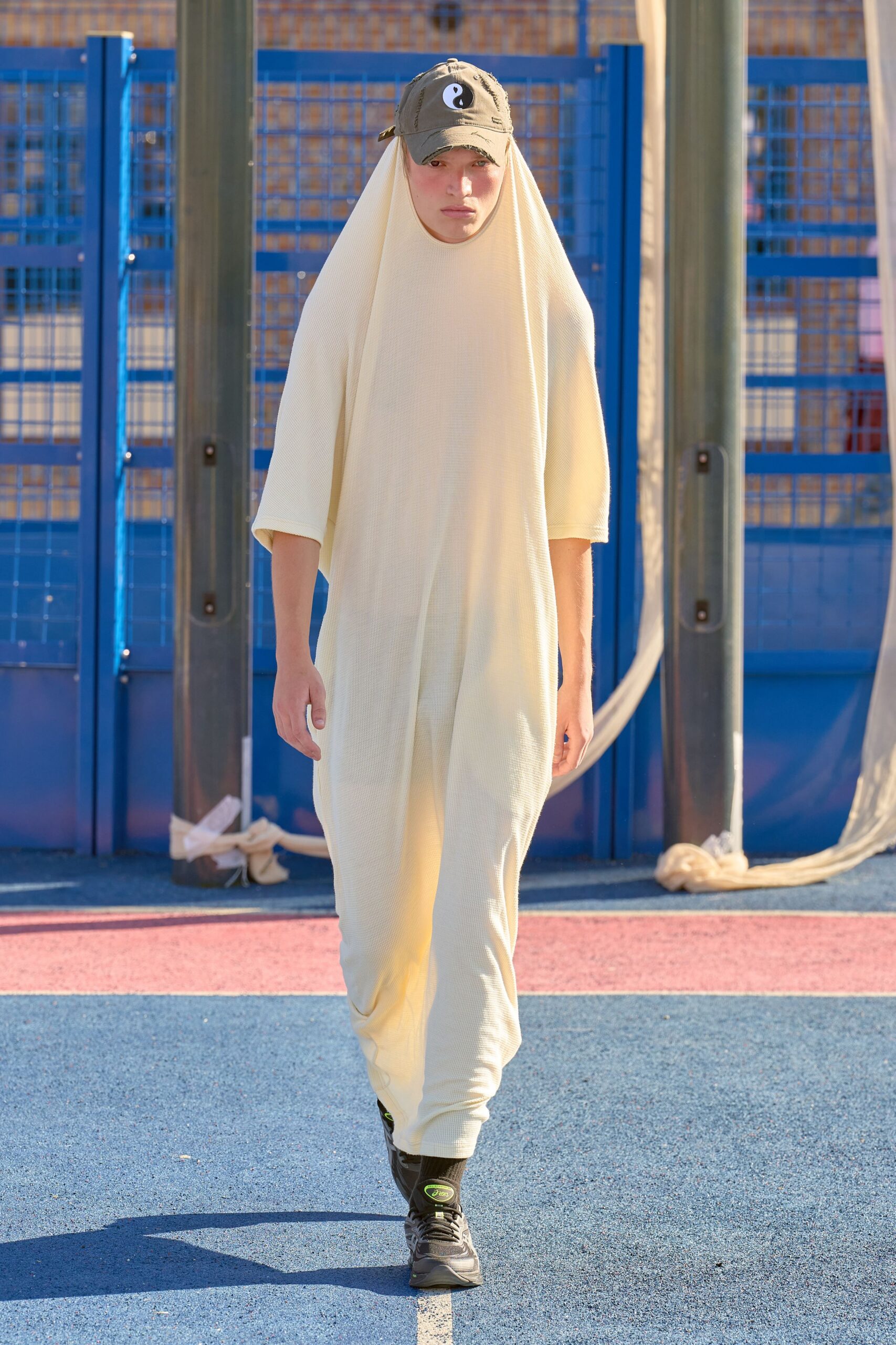 beige cotton sleeveless high-neck relaxed straight-leg maxi dress
