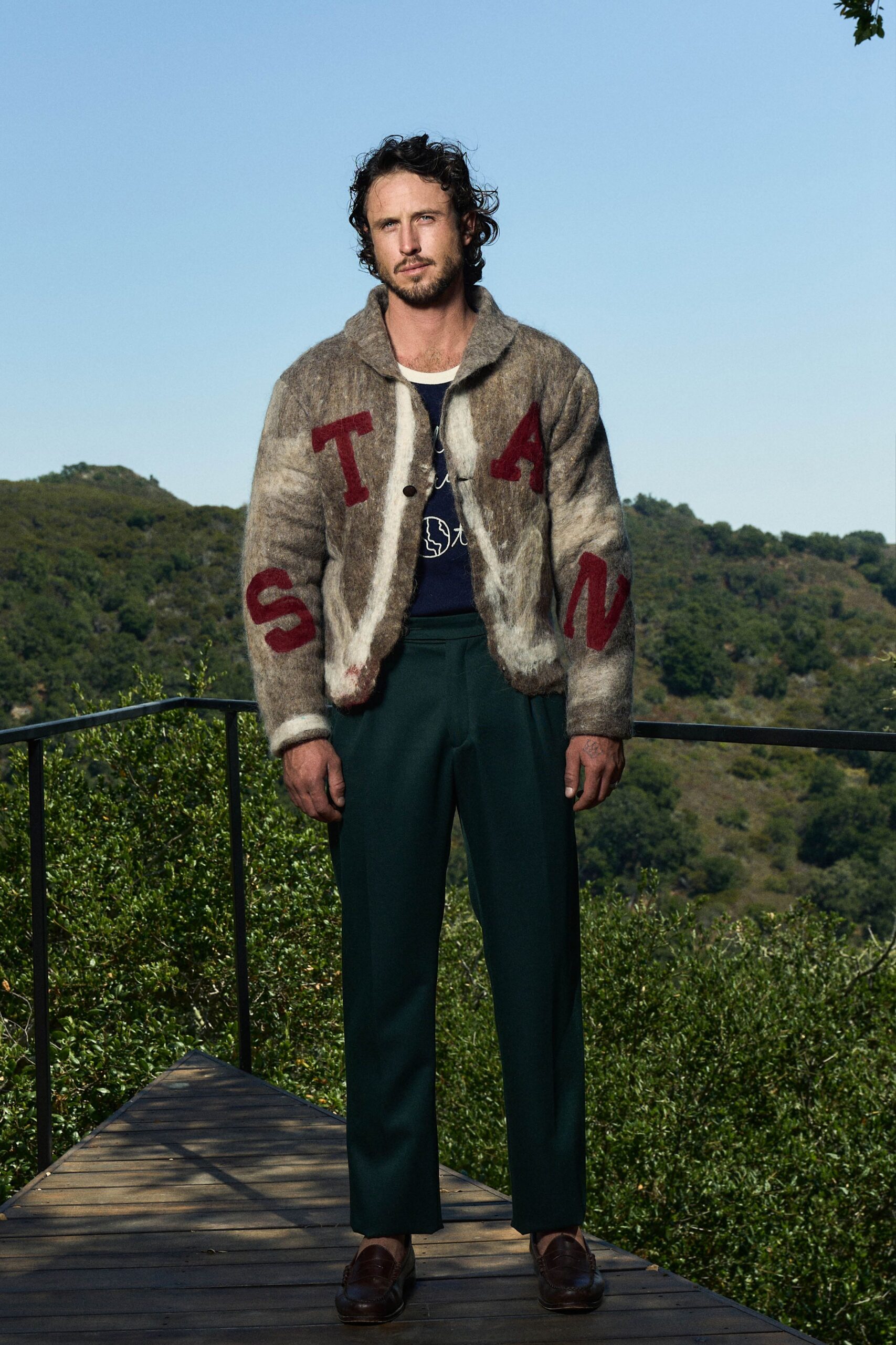 beige wool long-sleeve collared relaxed buttoned jacket