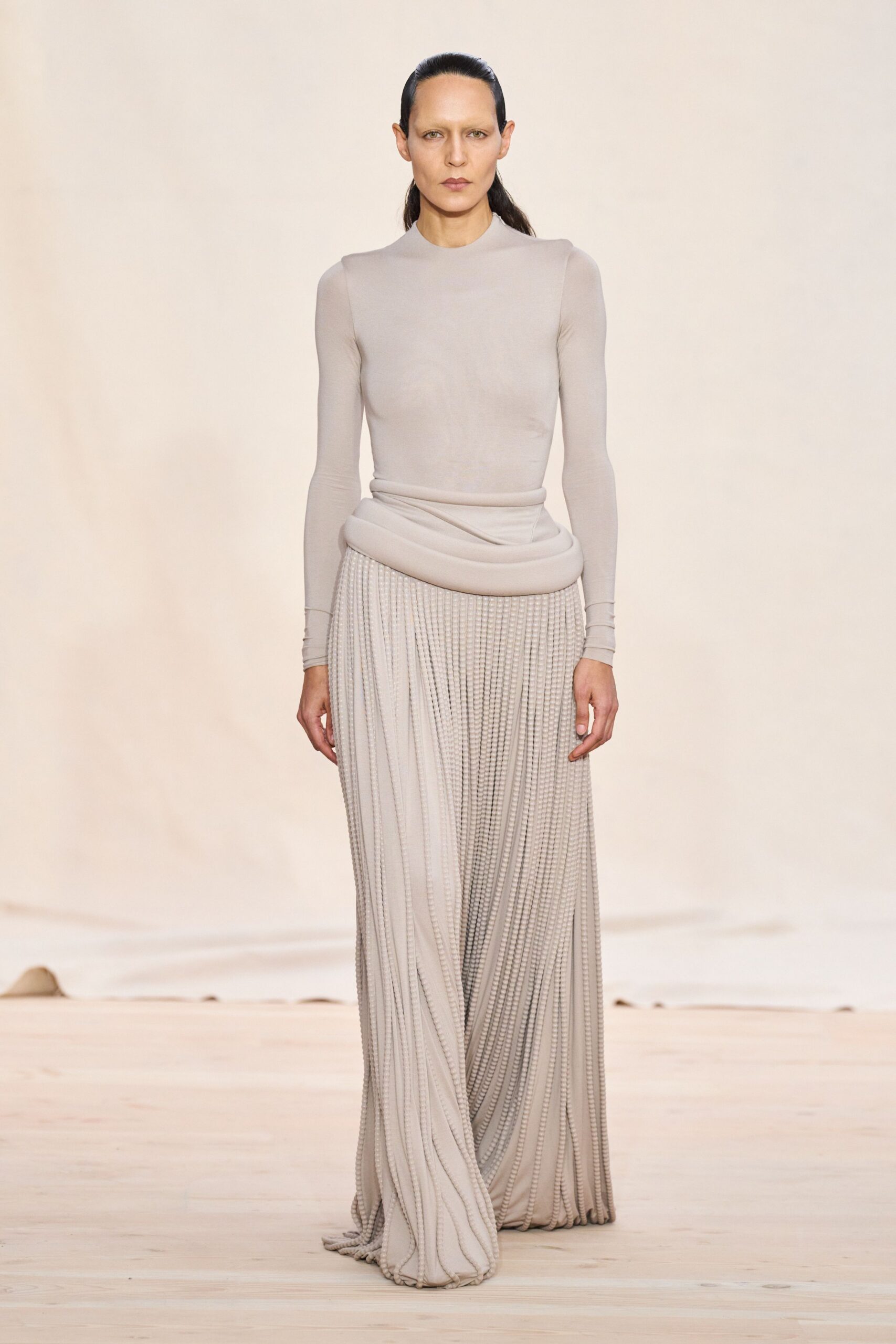 beige silk long-sleeve dress