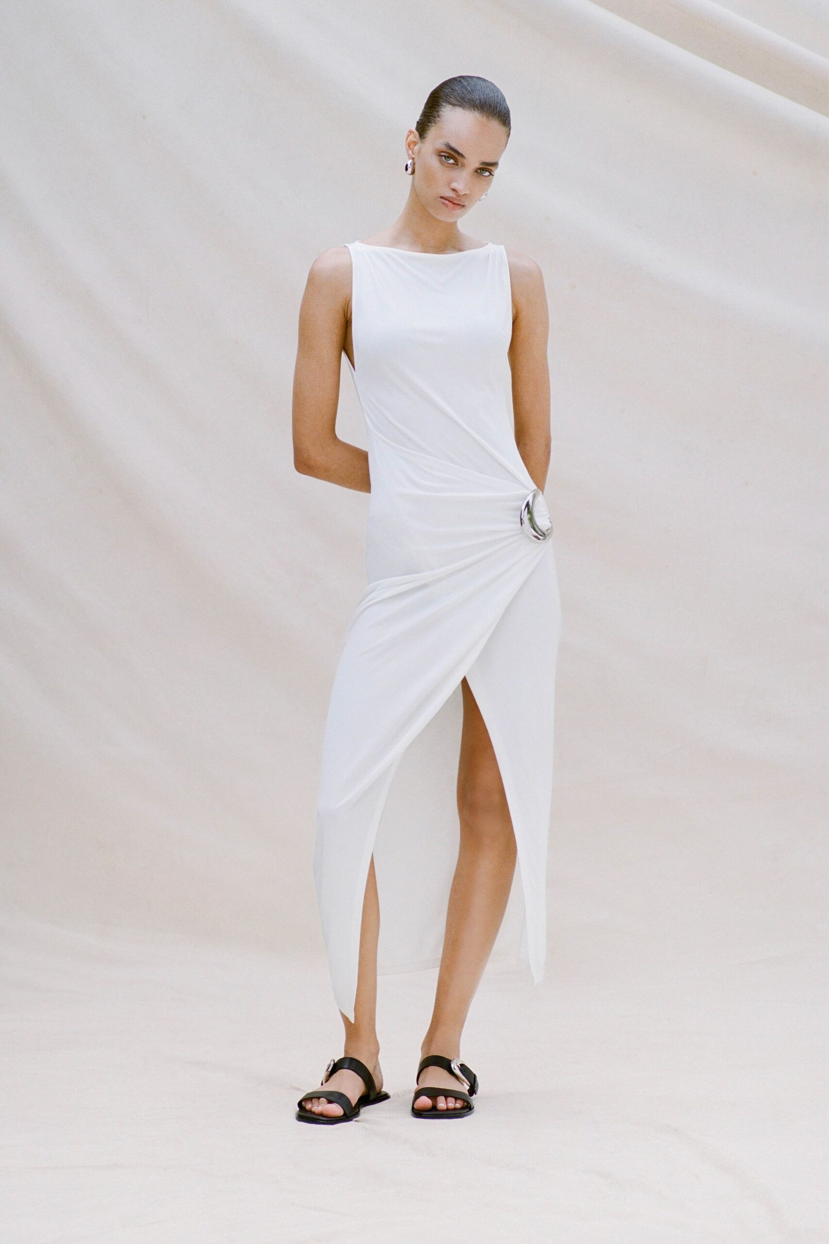 white cotton sleeveless high-neck fitted draped midi dress