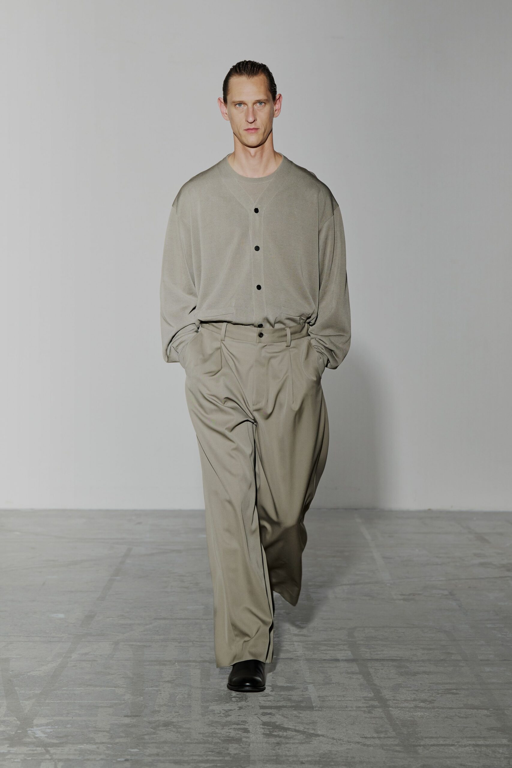 gray relaxed shirt beige wide-leg pants