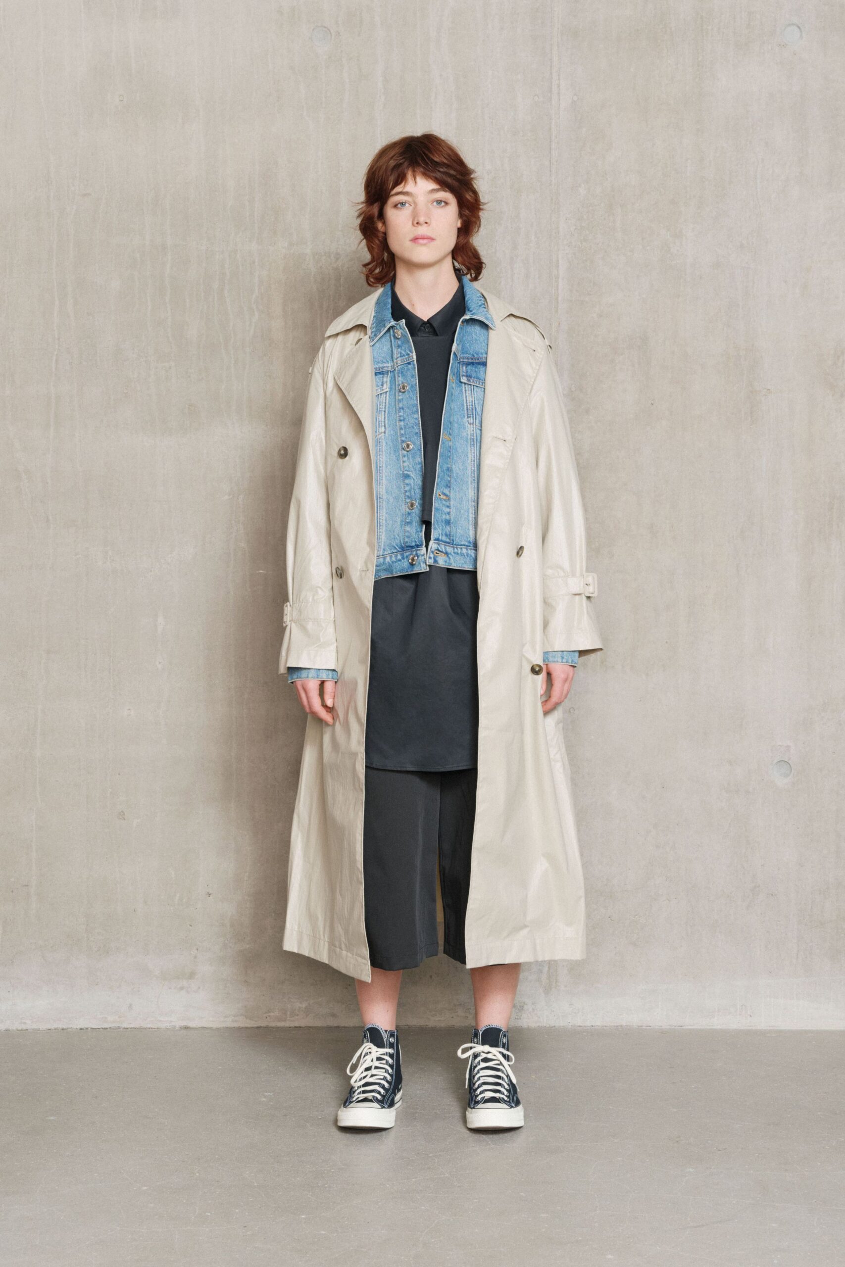 beige vinyl long-sleeve collared relaxed buttoned maxi trench