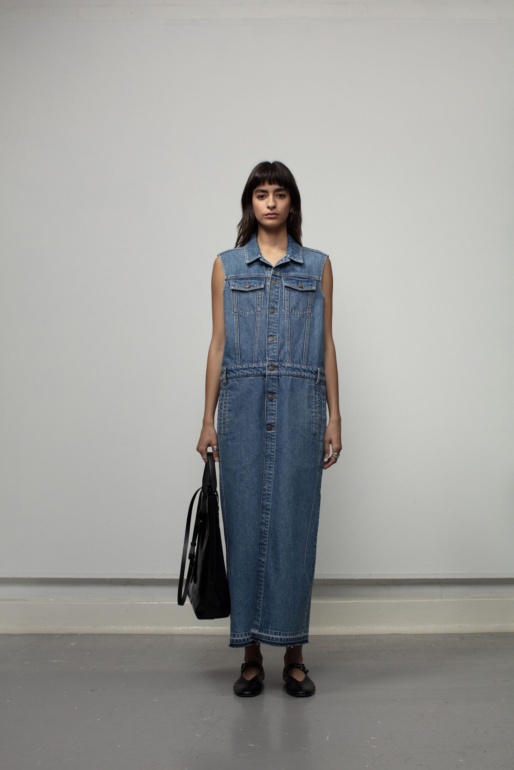 blue denim sleeveless collared fitted buttoned tiered dress