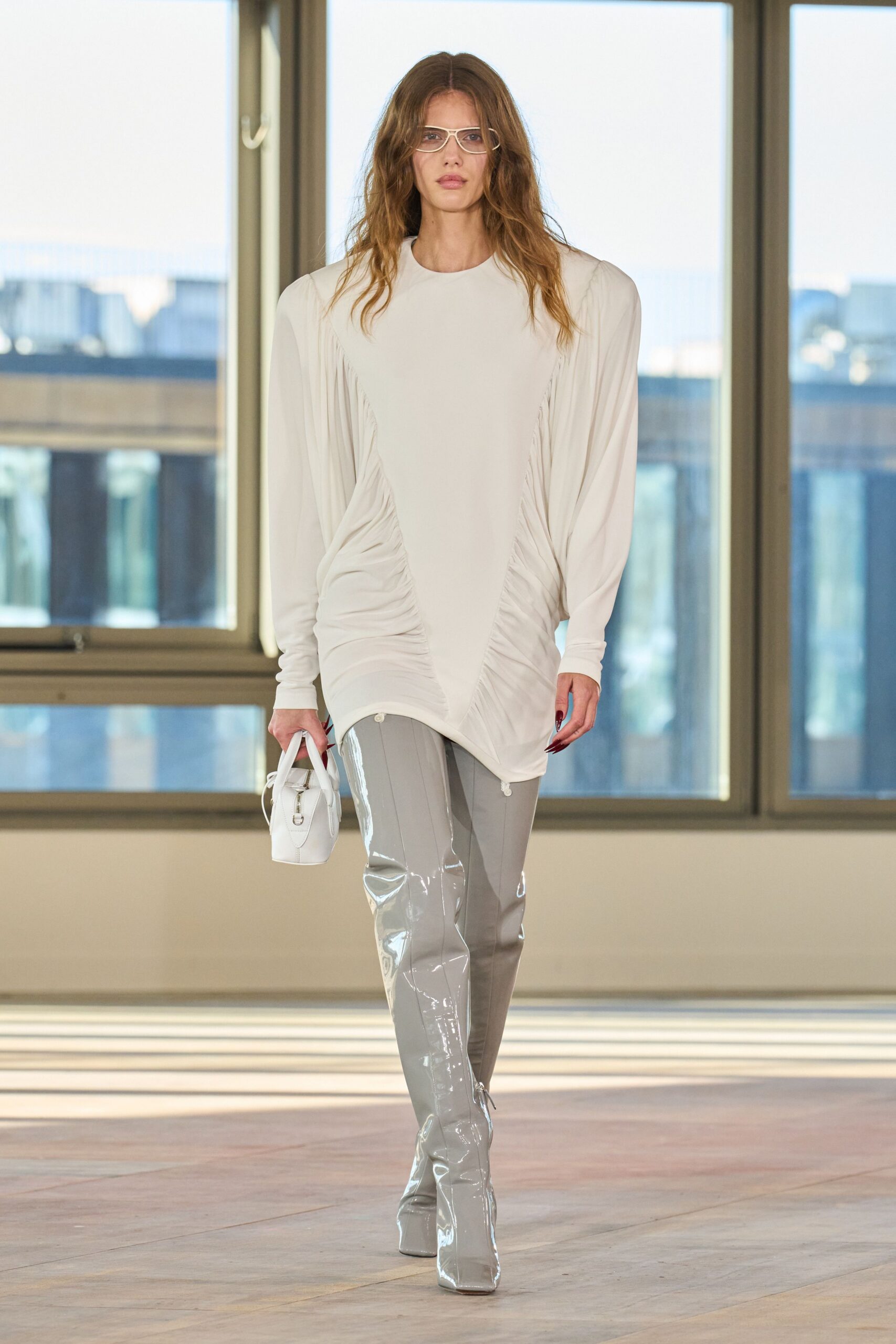 gray vinyl fitted straight-leg shiny pants