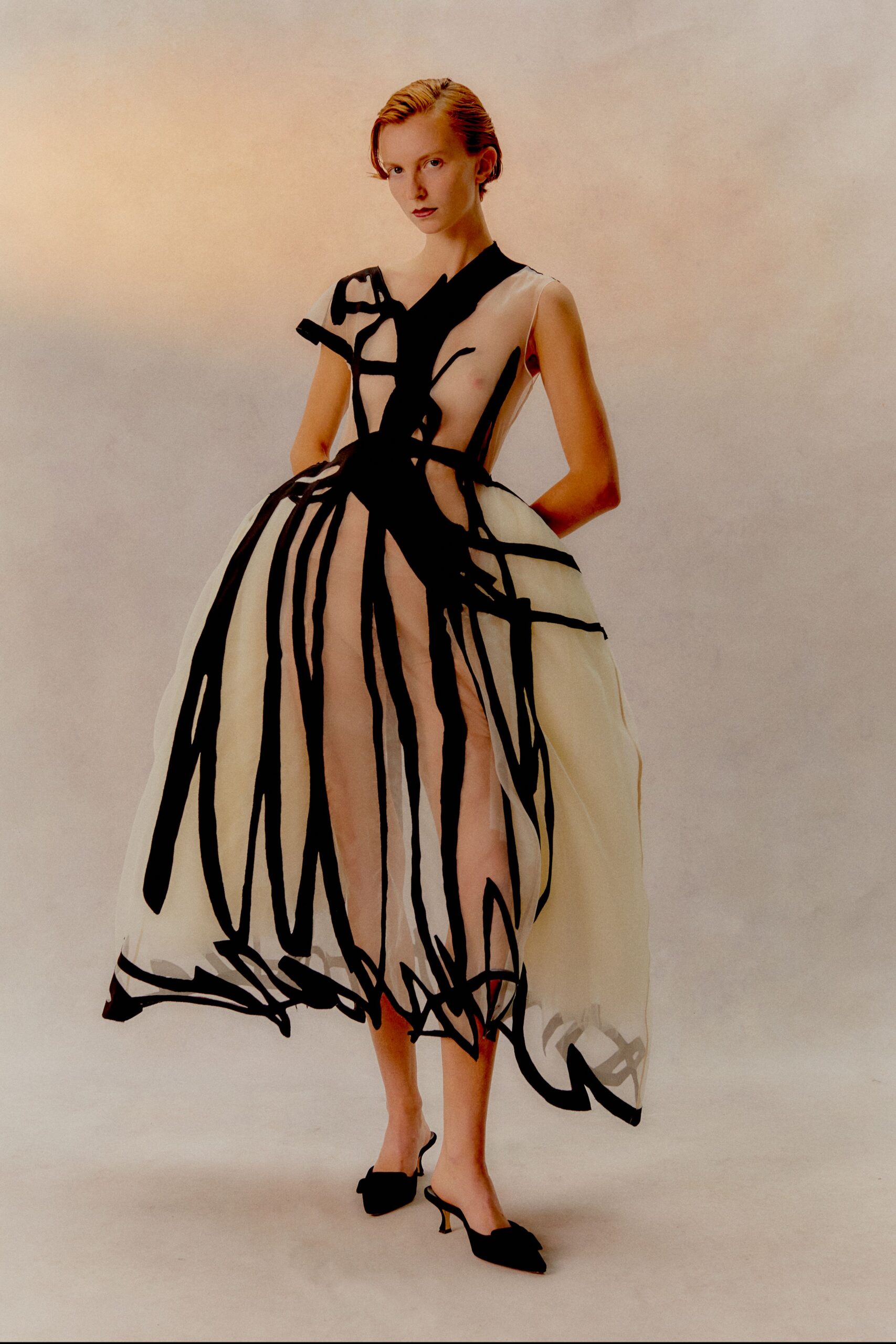 white black draped midi dress with shoes