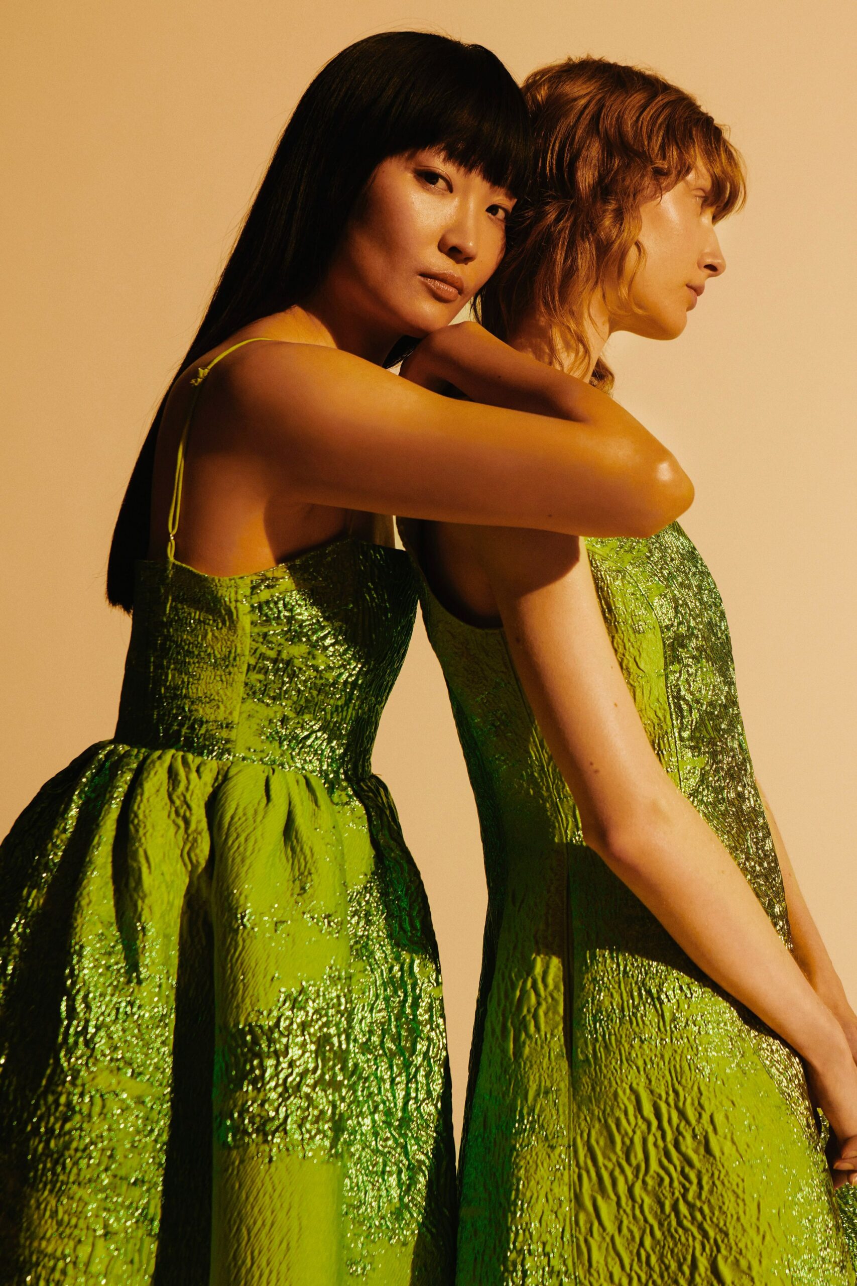 green silk sleeveless v-neck fitted a-line textured dress