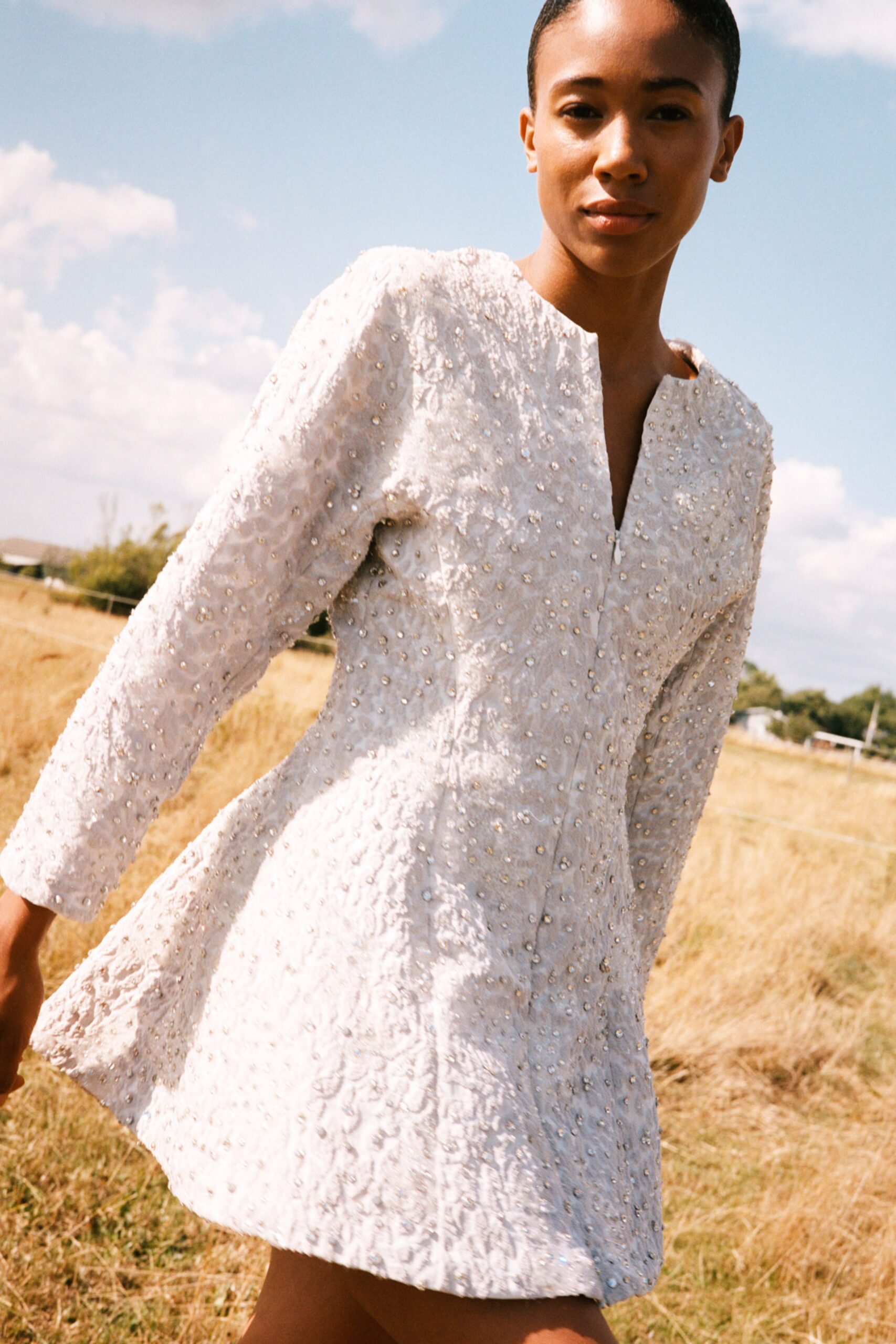gray silk embroidered mini dress