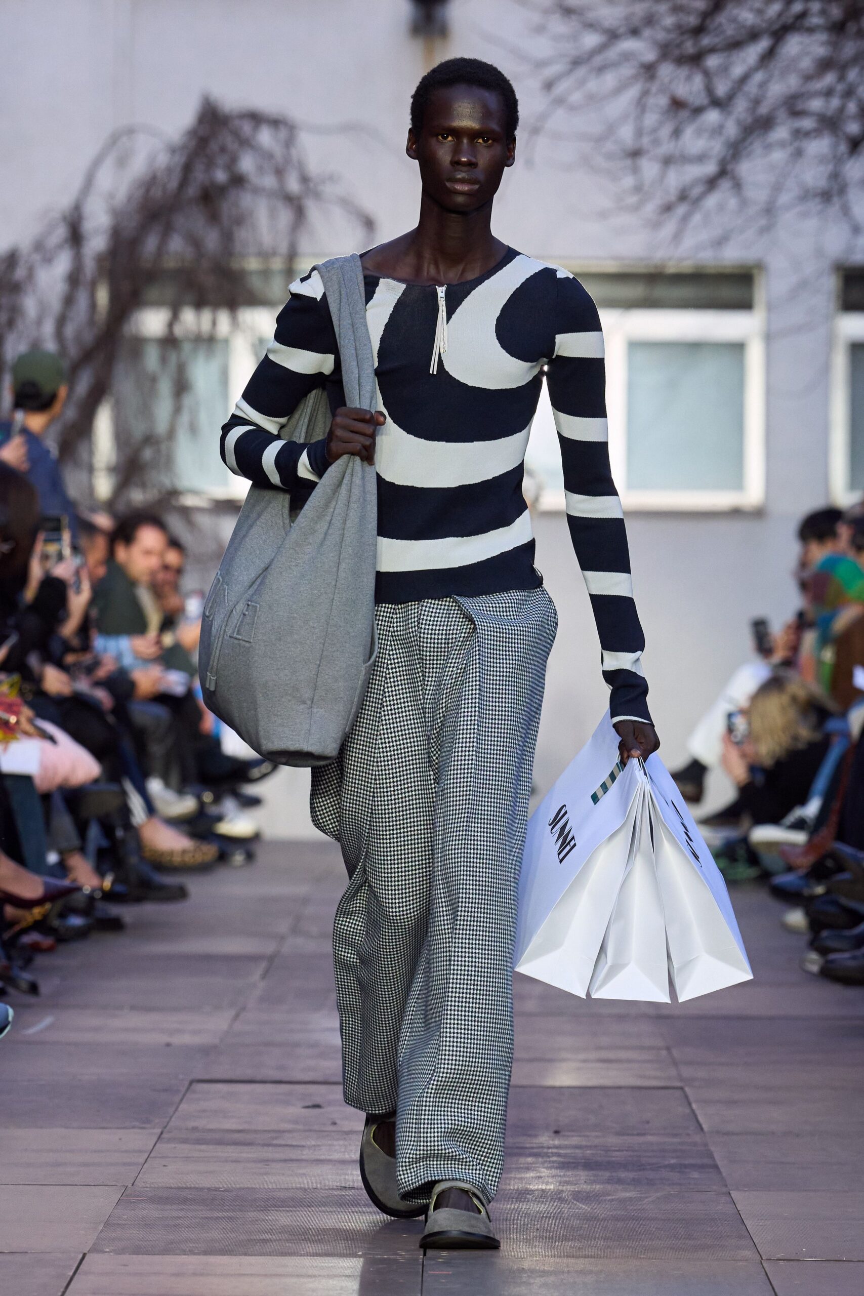 striped fitted top with relaxed pants