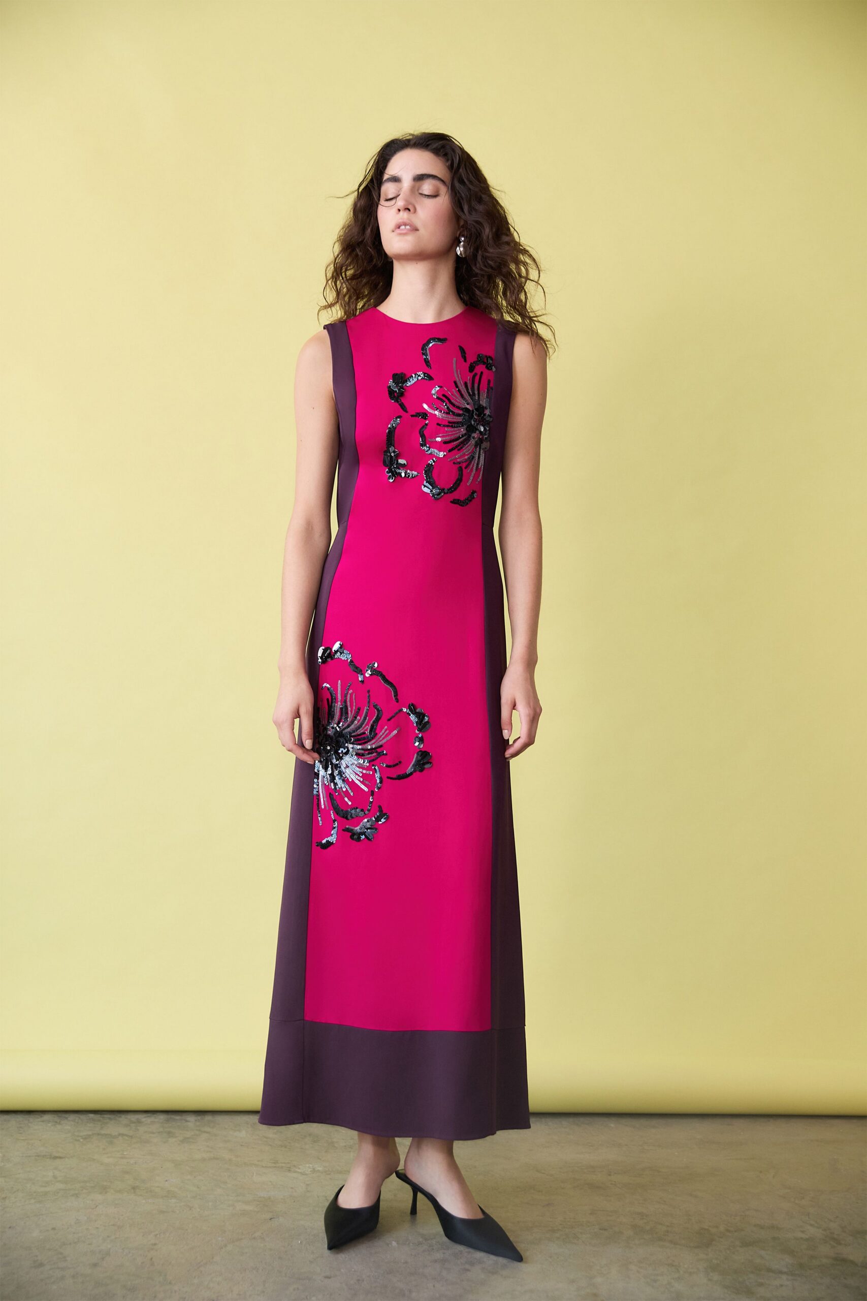pink silk sleeveless high-neck fitted floral embellished gown