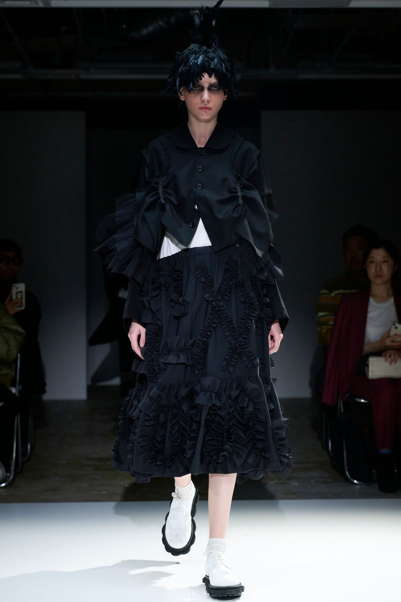 black ruffled midi dress with white blouse