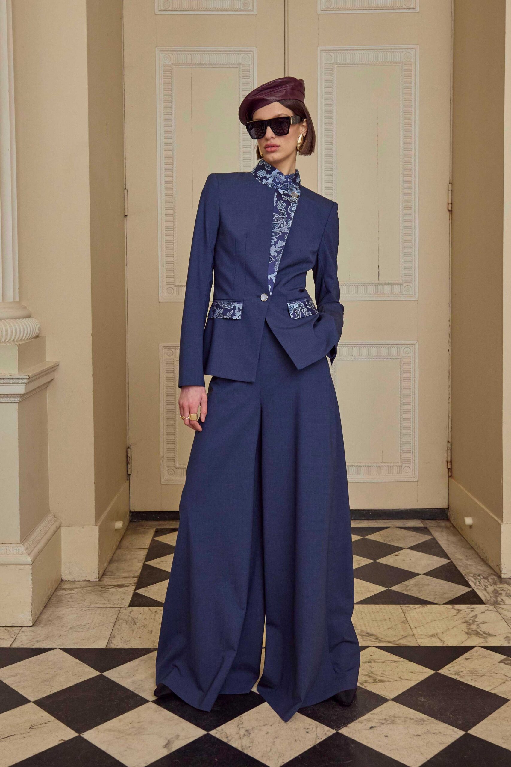 blue cotton long-sleeve collared tailored buttoned pencil suit