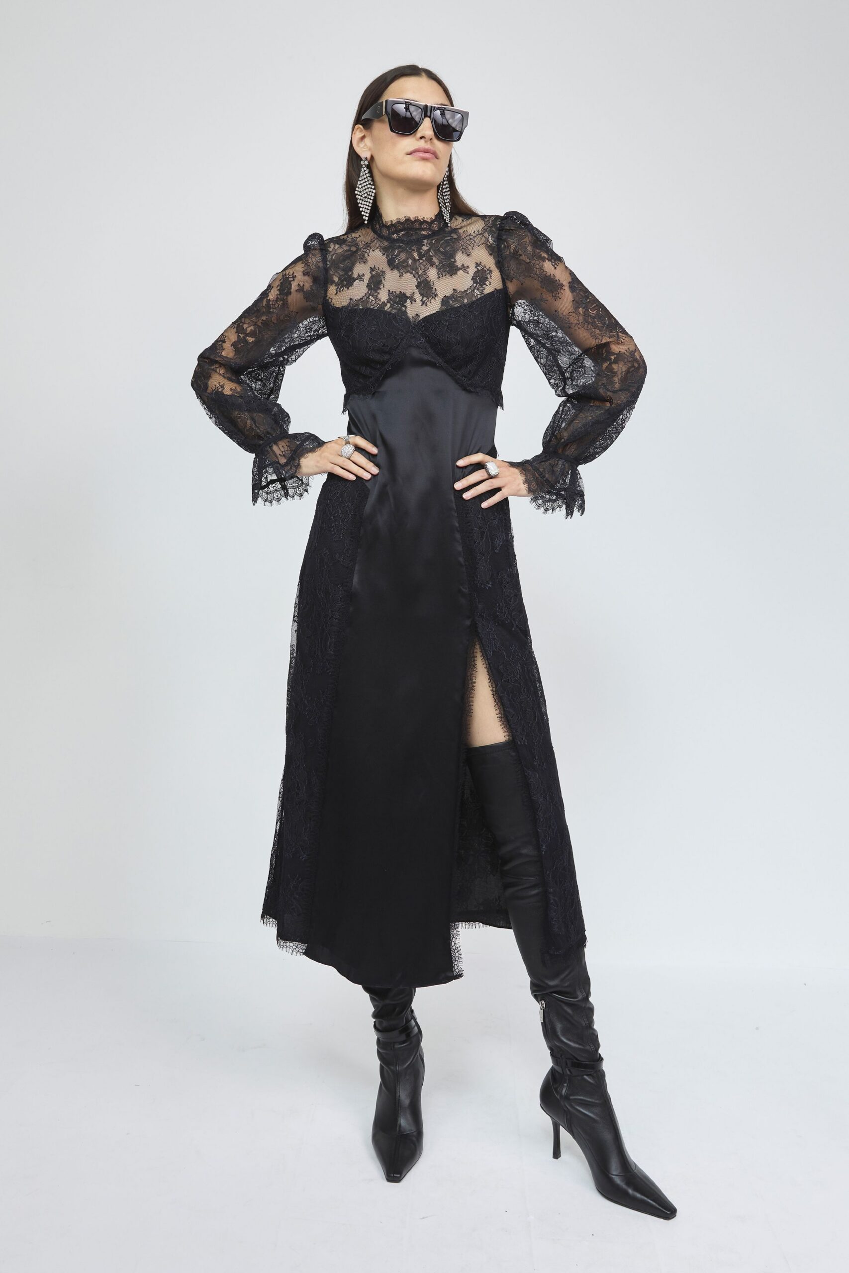 black silk long-sleeve high-neck fitted pleated layered dress